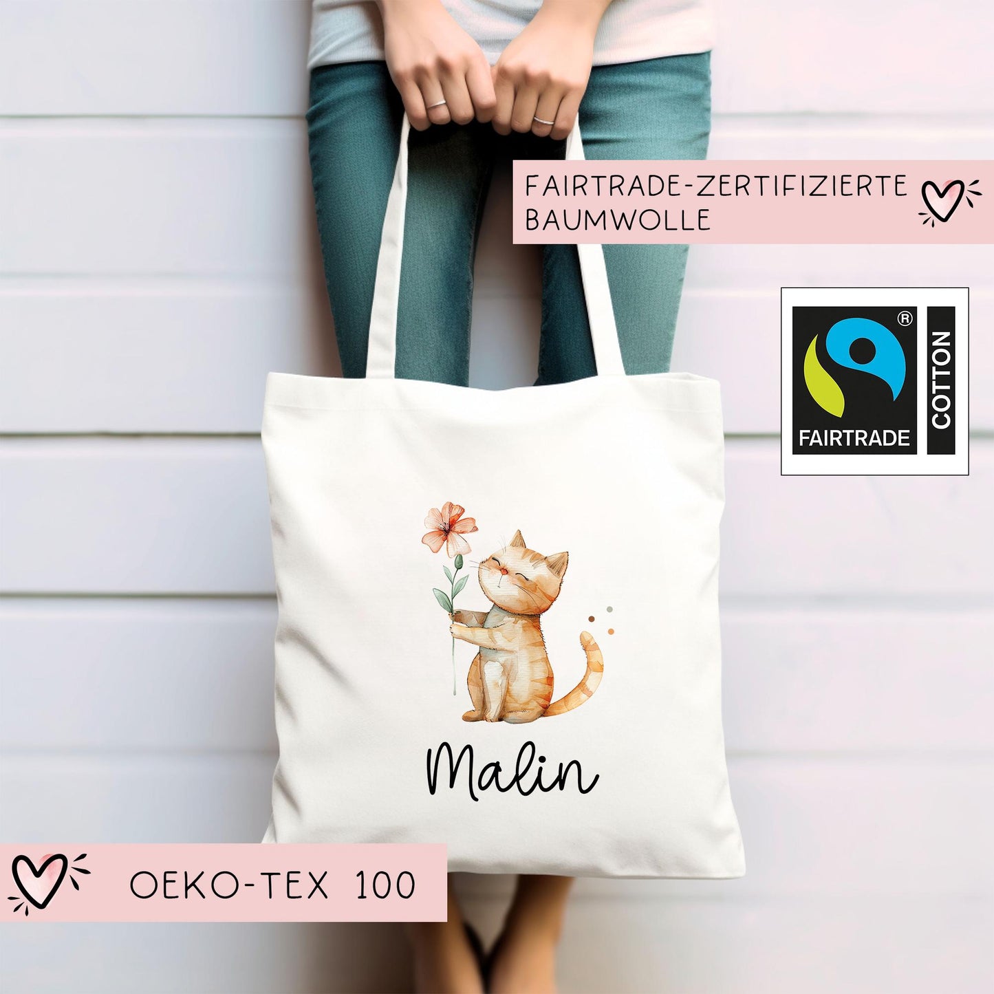 Personalisierte Stofftasche Katze Name - Kinder Beutel Kindertasche mit Wunschname - Wechselwäsche - Wechselkleidung - Tragetasche - Mietze kleinebuchstaben