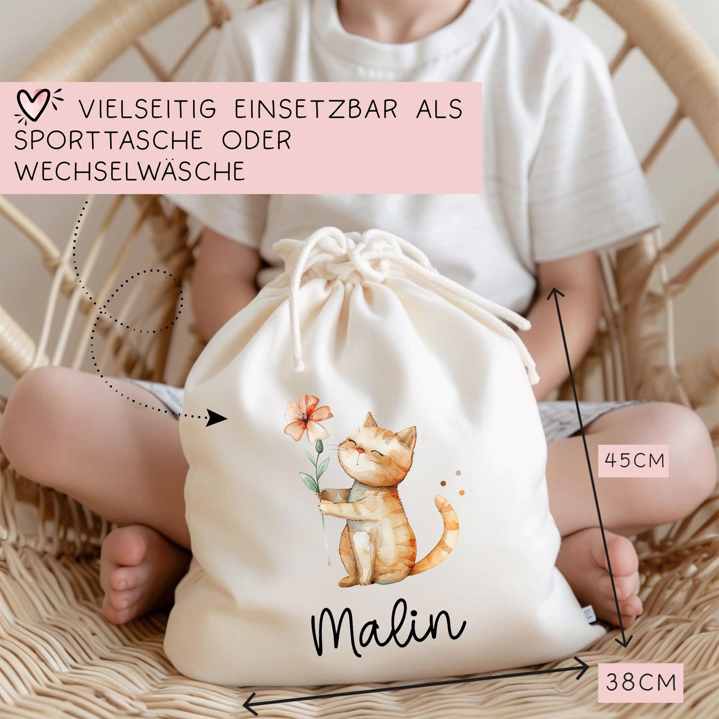 Personalisierte Stofftasche Katze Name - Kinder Beutel Kindertasche mit Wunschname - Wechselwäsche - Wechselkleidung - Tragetasche - Mietze kleinebuchstaben