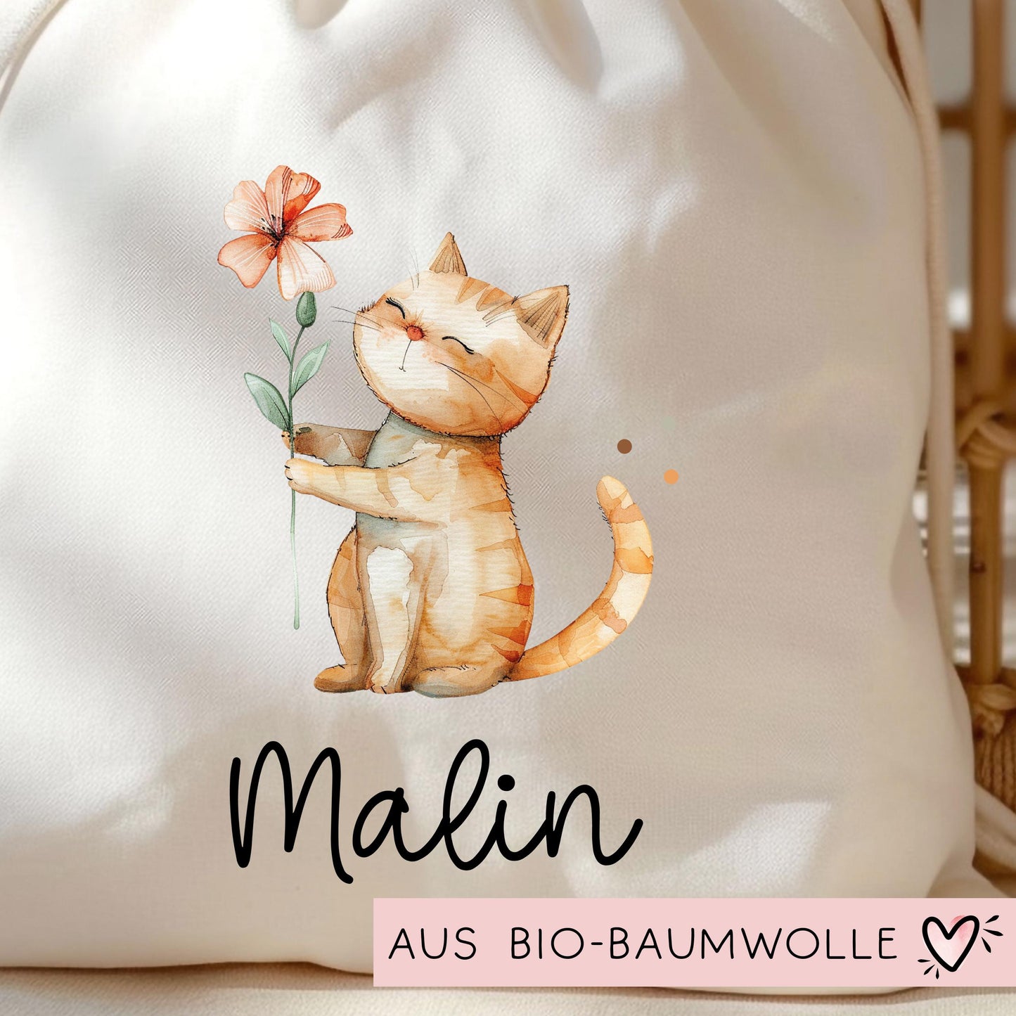 Personalisierte Stofftasche Katze Name - Kinder Beutel Kindertasche mit Wunschname - Wechselwäsche - Wechselkleidung - Tragetasche - Mietze kleinebuchstaben