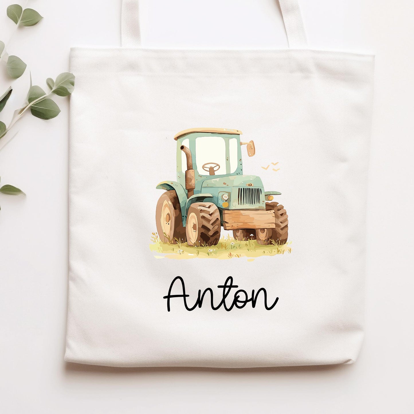 Personalisierter Turnbeutel Trecker Traktor Grün - Sportbeutel mit Namen - Beutel für Wechselwäsche für Schule Kindergarten - Geburtstag kleinebuchstaben Stofftasche Schriftart 1
