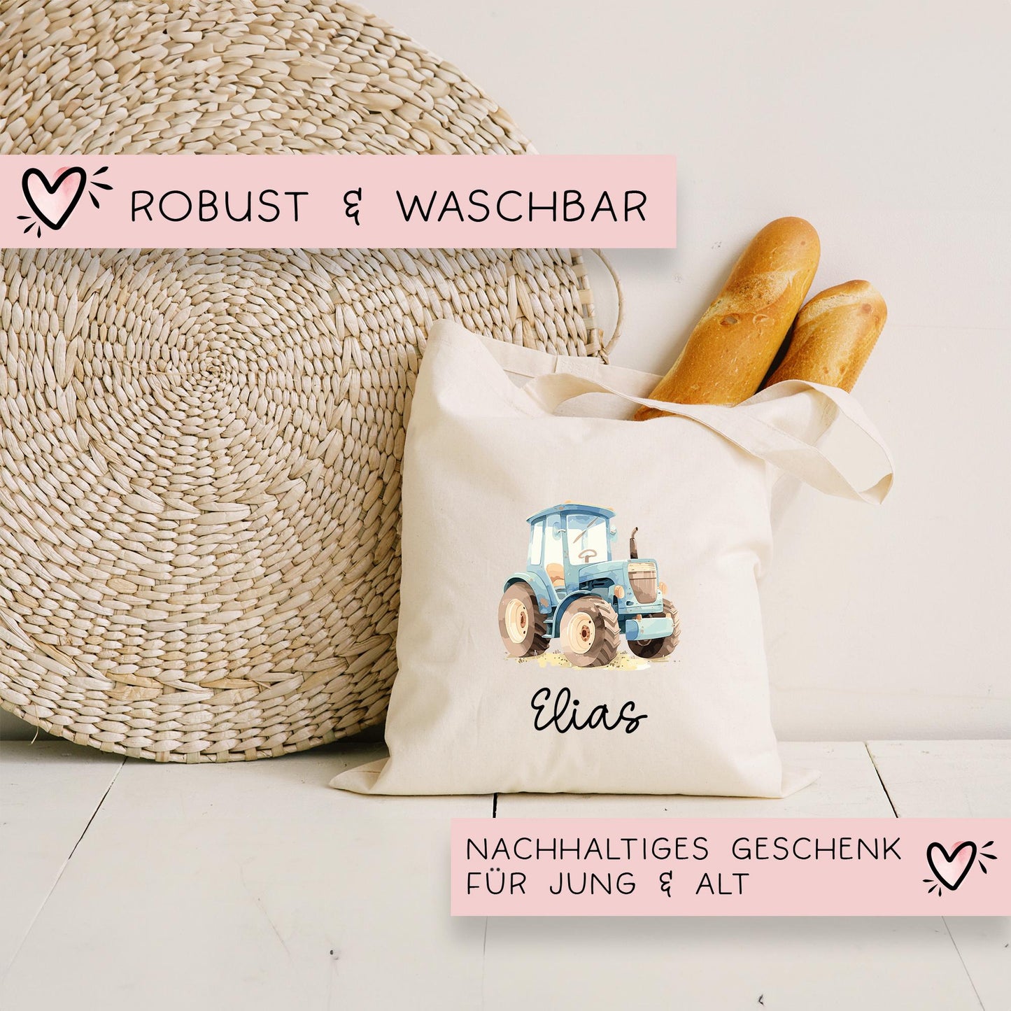 Personalisierte Stofftasche Traktor Blau Name - Kinder Beutel Kindertasche mit Wunschname - Wechselwäsche - Wechselkleidung - Tragetasche kleinebuchstaben