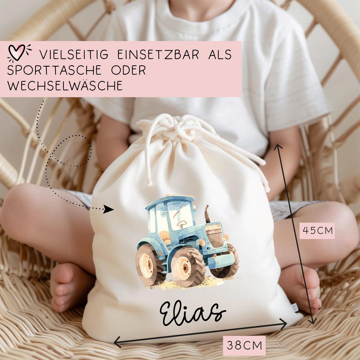 Personalisierte Stofftasche Traktor Blau Name - Kinder Beutel Kindertasche mit Wunschname - Wechselwäsche - Wechselkleidung - Tragetasche kleinebuchstaben