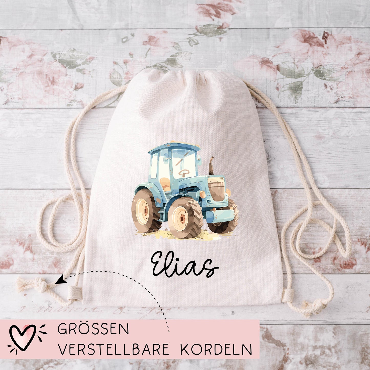 Personalisierte Stofftasche Traktor Blau Name - Kinder Beutel Kindertasche mit Wunschname - Wechselwäsche - Wechselkleidung - Tragetasche kleinebuchstaben