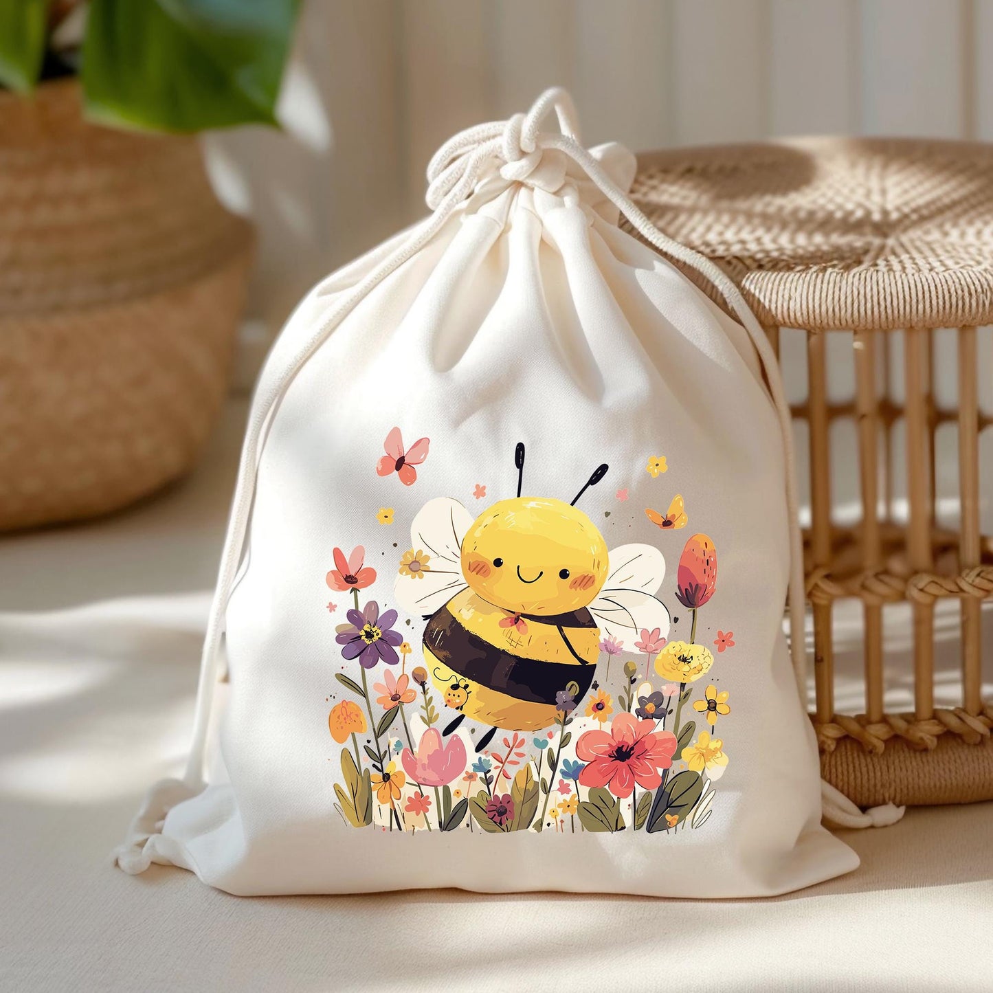 Turnbeutel Wäschebeutel Biene auf Blumenwiese - Kindergarten - Wunschnamen - Schule - mit Name - Wechselkleidung - Weihnachten kleinebuchstaben Turnbeutel Schriftart 1