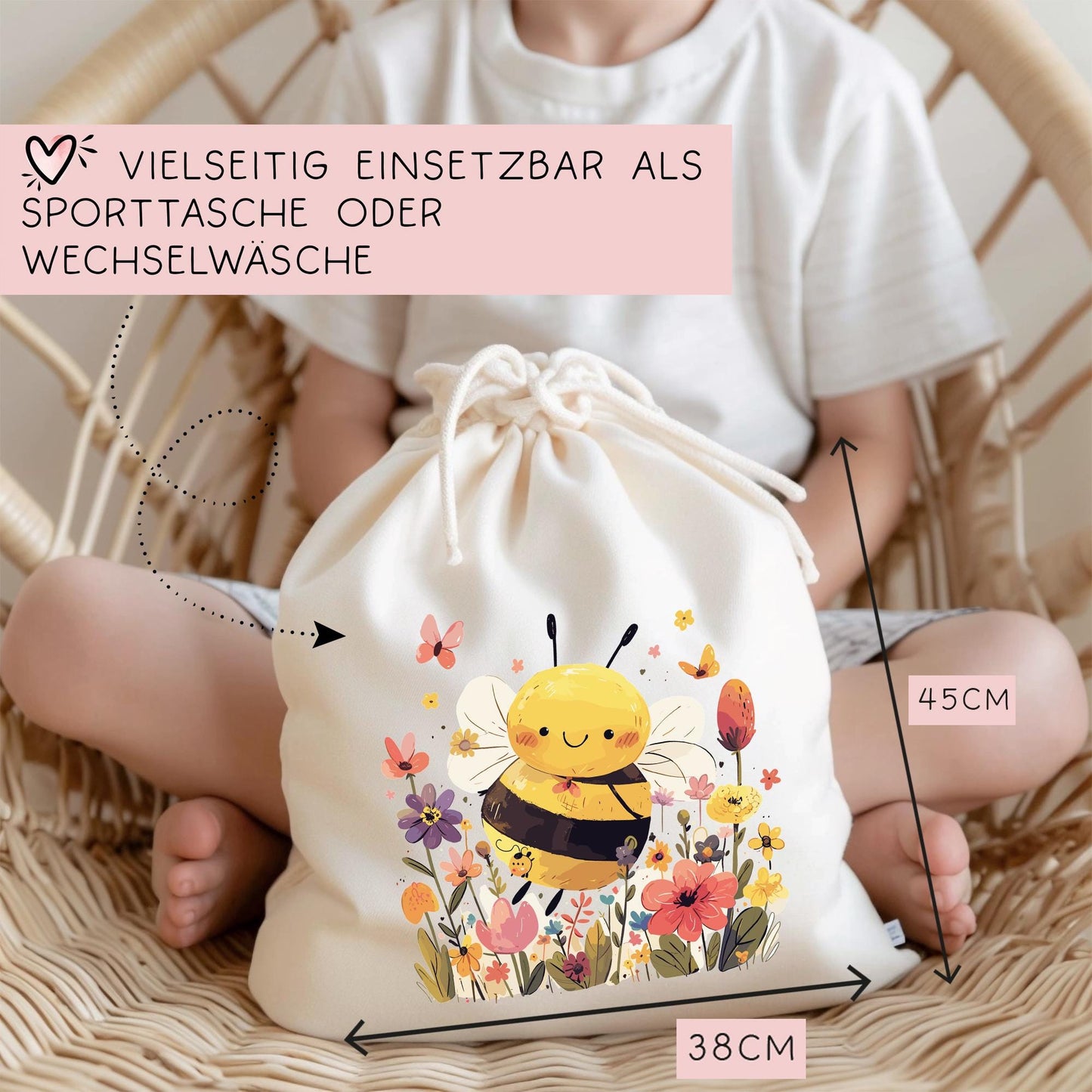 Turnbeutel Wäschebeutel Biene auf Blumenwiese - Kindergarten - Wunschnamen - Schule - mit Name - Wechselkleidung - Weihnachten kleinebuchstaben