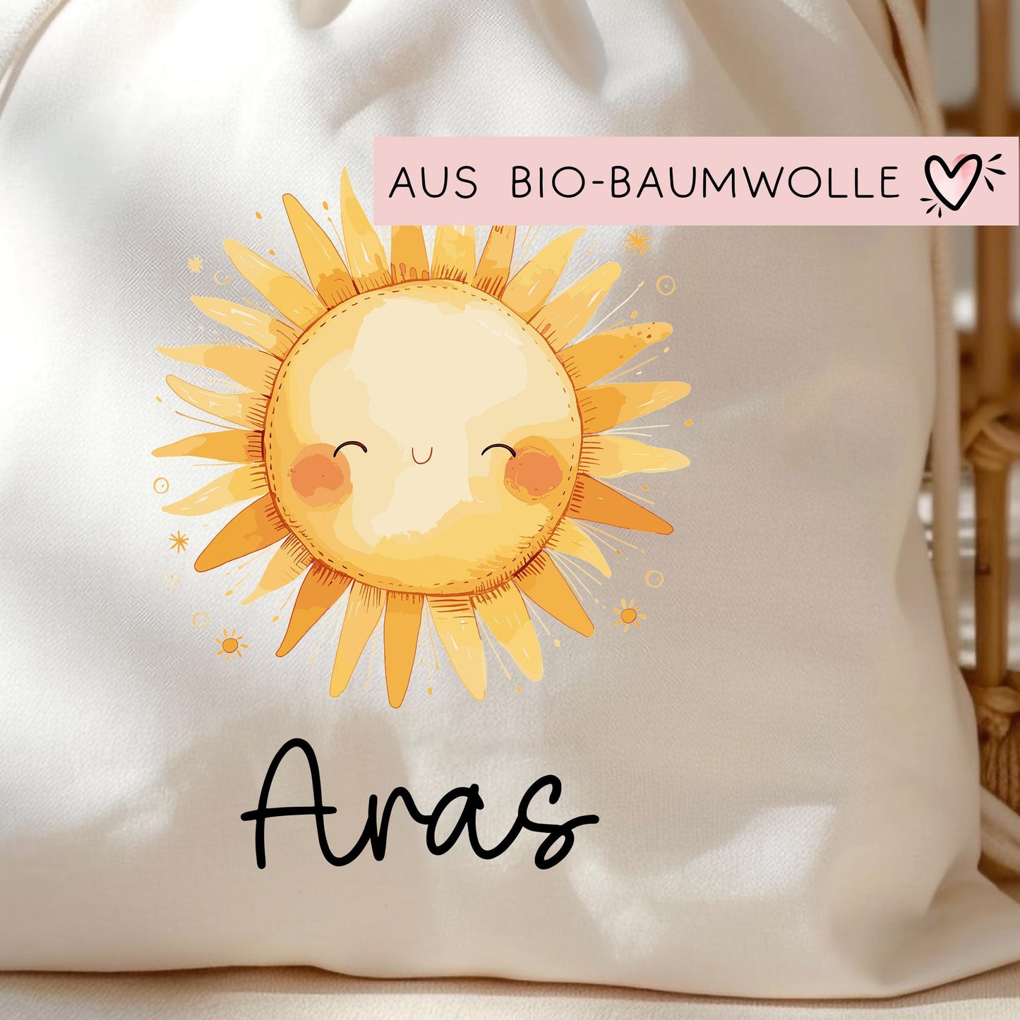 Stofftasche Sonne Personalisiert Tasche Baumwolltasche - Beutel Kindertasche mit oder ohne Wunschname - Wechselwäsche Jutebeutel - KIGA kleinebuchstaben