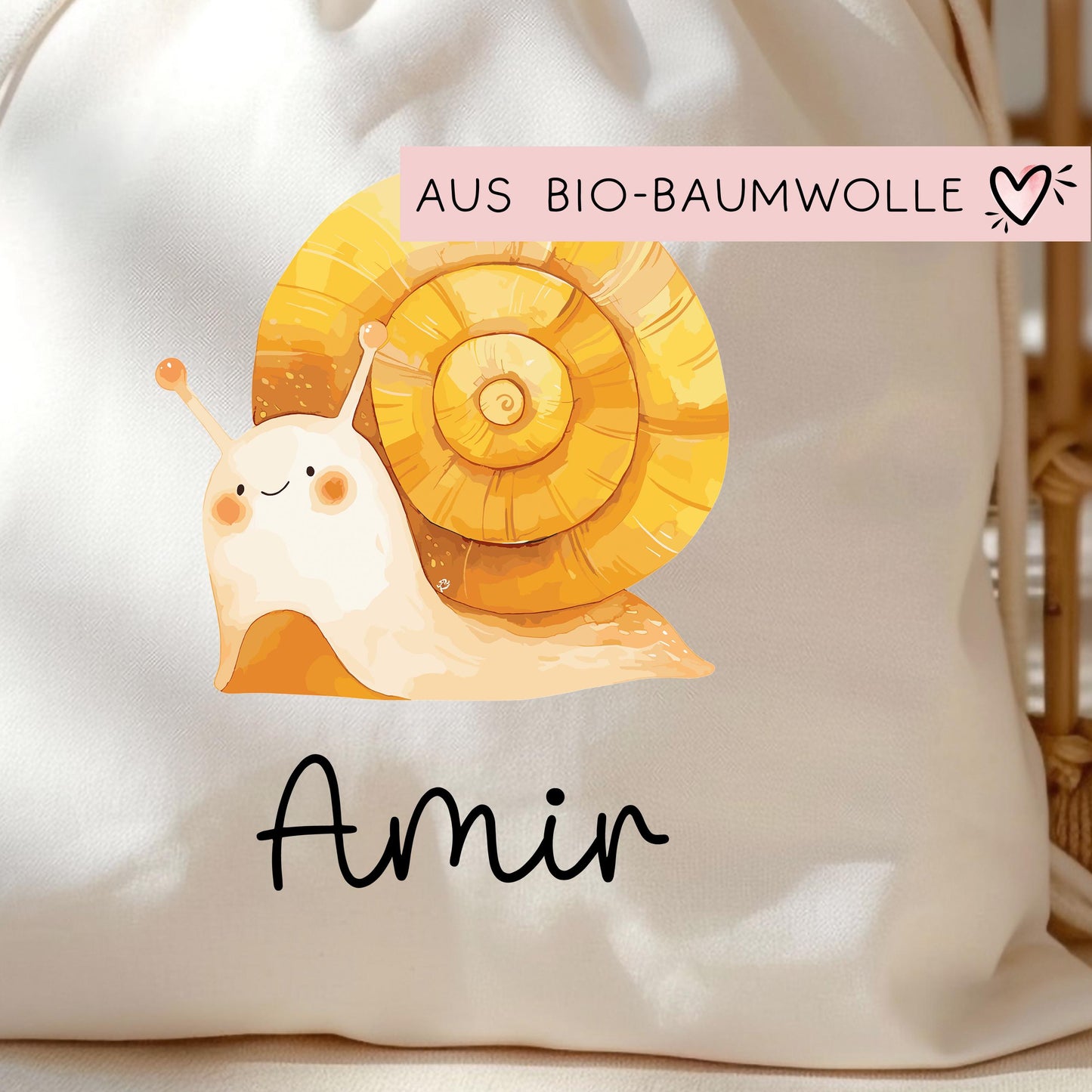 Stofftasche Schnecke Personalisiert Tasche Baumwolltasche - Beutel Kindertasche mit oder ohne Wunschname - Wechselwäsche Jutebeutel - KIGA kleinebuchstaben