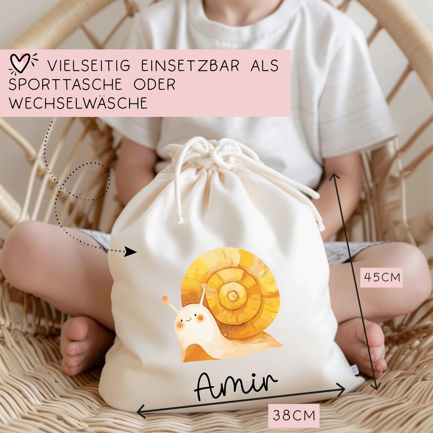 Turnbeutel Schnecke Personalisiert - Hauschnecke - Wechselwäsche - Wunschnamen - Kindergarten - Schule - Name - Wechselkleidung -Weihnachten kleinebuchstaben