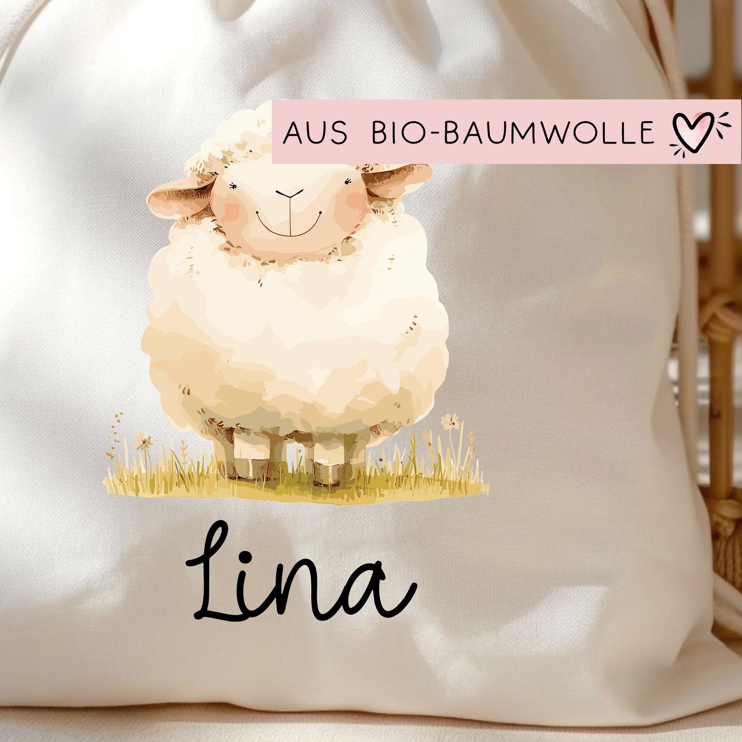 Stofftasche Schaf mit Namen Baumwolltasche Tasche - Personalisiert Beutel Kindertasche mit Wunschname - Wechselwäsche - Jutebeutel - KIGA kleinebuchstaben