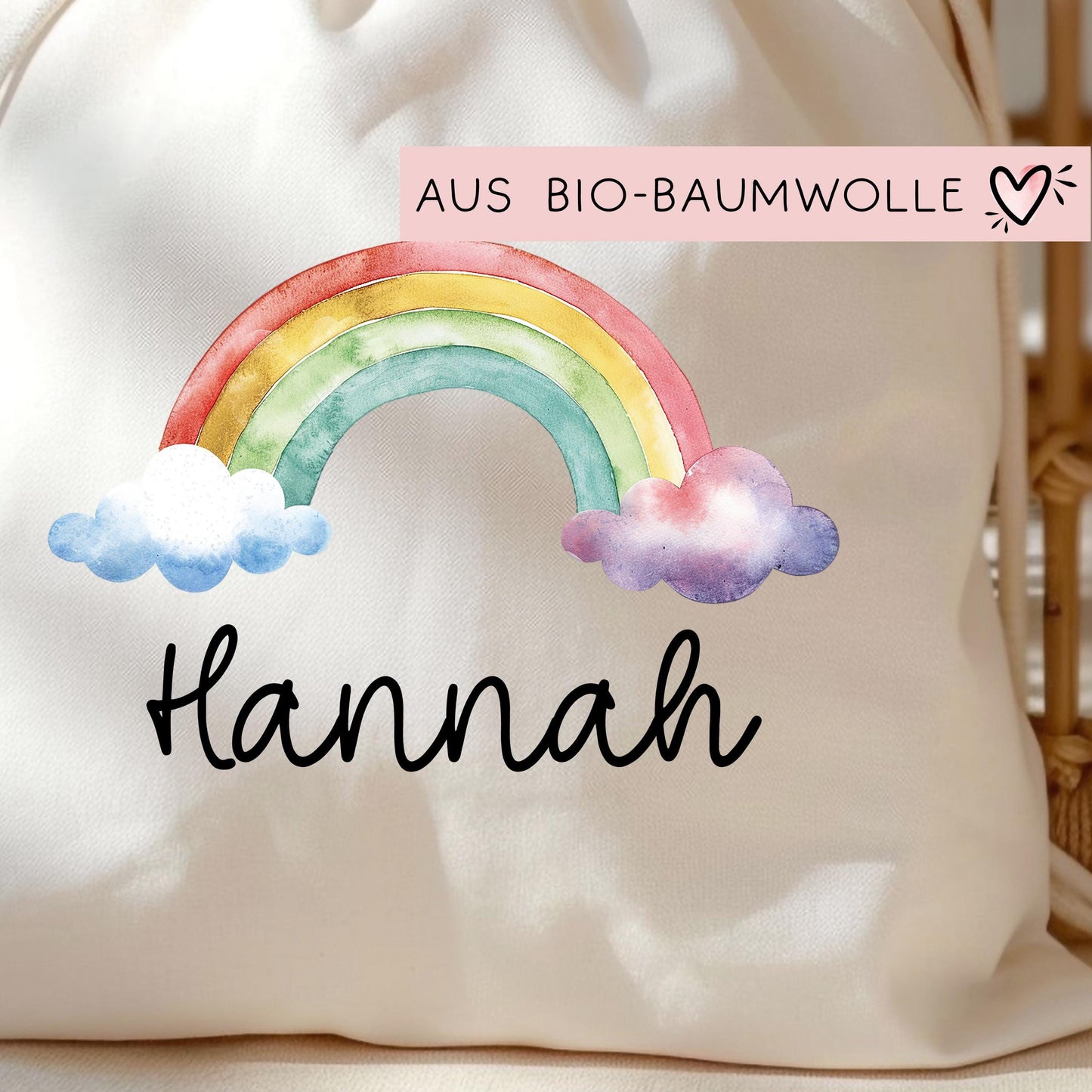 Stofftasche Regenbogen mit Namen Baumwolltasche Tasche - Personalisiert Beutel Kindertasche -Wunschname - Wechselwäsche - Jutebeutel - KIGA kleinebuchstaben