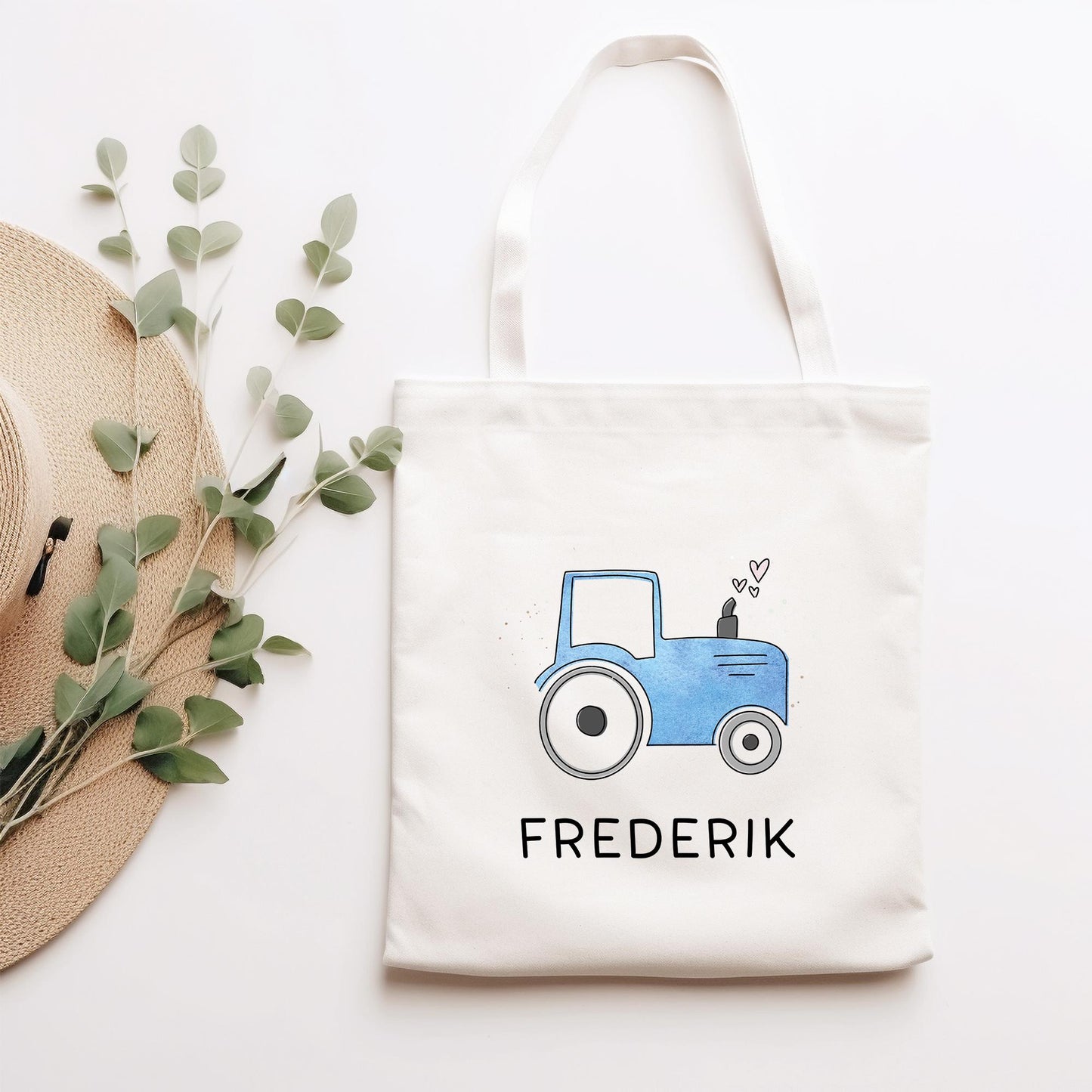Traktor Blau Stofftasche Personalisiert & Name - Kinder Beutel Kindertasche mit Wunschname - Wechselwäsche - Wechselkleidung - Tragetasche kleinebuchstaben