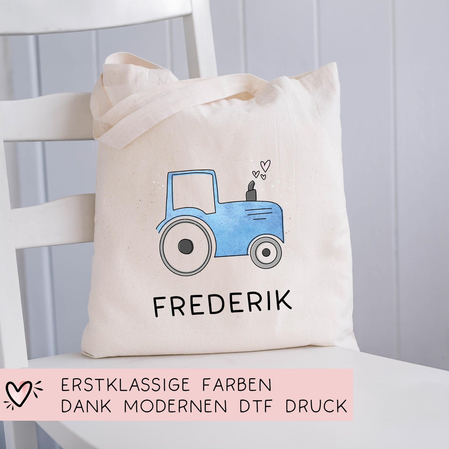 Traktor Blau Stofftasche Personalisiert & Name - Kinder Beutel Kindertasche mit Wunschname - Wechselwäsche - Wechselkleidung - Tragetasche kleinebuchstaben