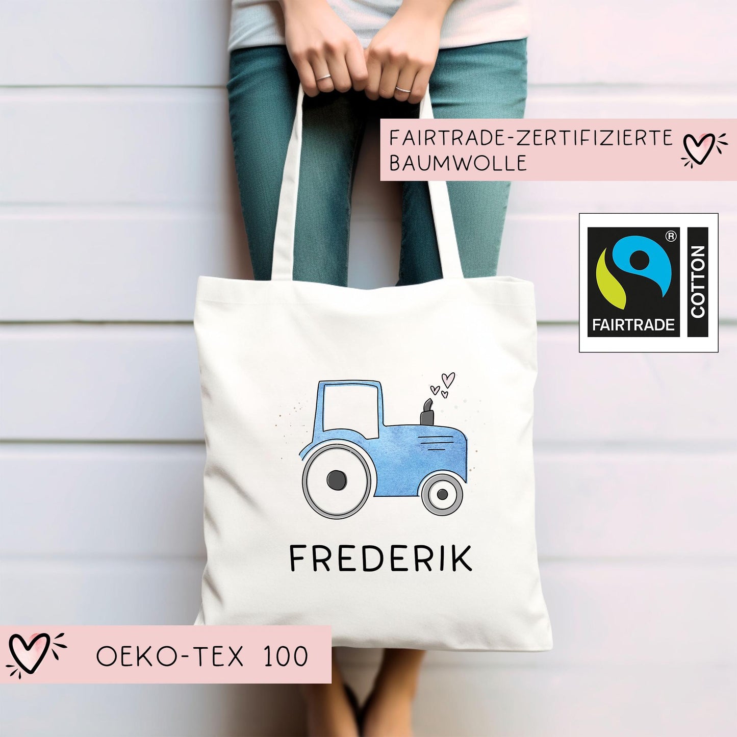 Traktor Blau Stofftasche Personalisiert & Name - Kinder Beutel Kindertasche mit Wunschname - Wechselwäsche - Wechselkleidung - Tragetasche kleinebuchstaben