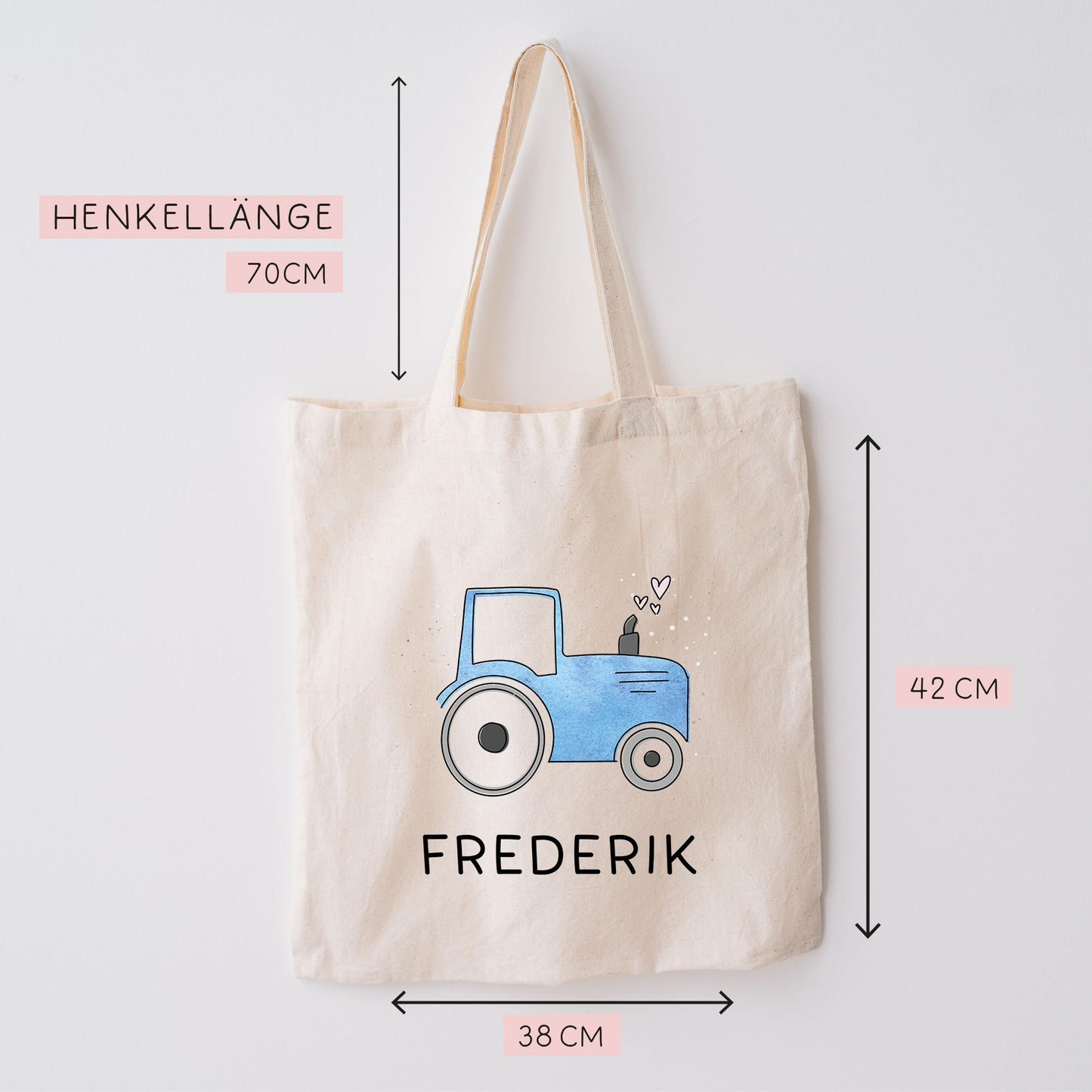 Traktor Blau Stofftasche Personalisiert & Name - Kinder Beutel Kindertasche mit Wunschname - Wechselwäsche - Wechselkleidung - Tragetasche kleinebuchstaben