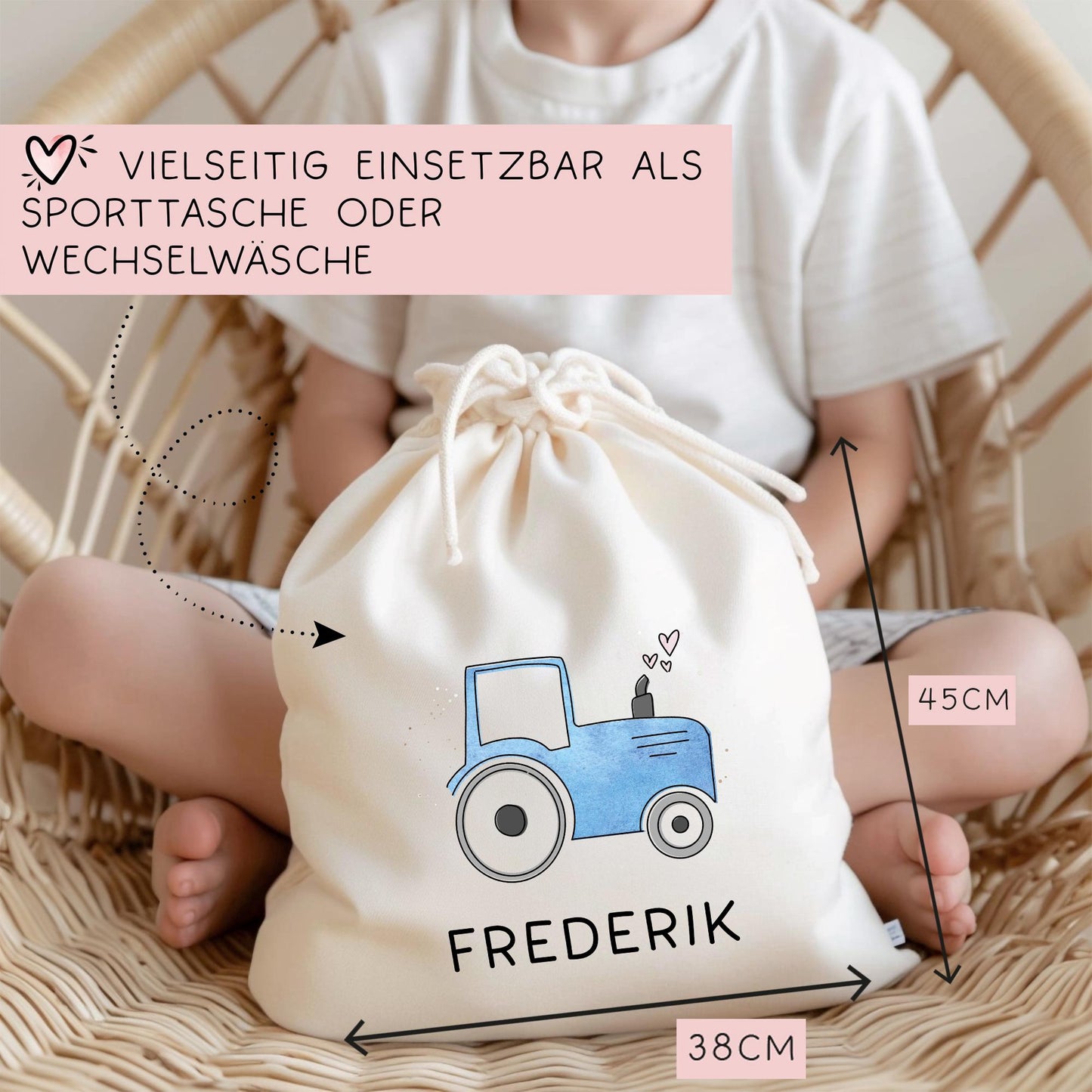 Traktor Blau Stofftasche Personalisiert & Name - Kinder Beutel Kindertasche mit Wunschname - Wechselwäsche - Wechselkleidung - Tragetasche kleinebuchstaben