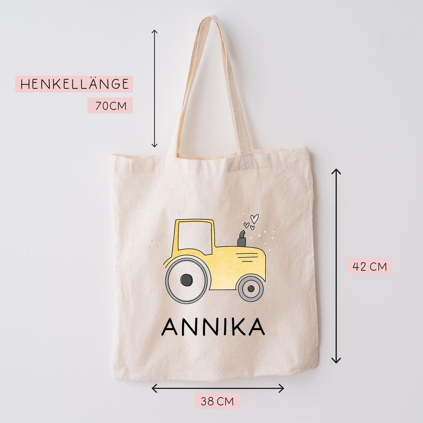 Baumwolltasche Traktor Gelb Stofftasche Name - Kinder Beutel Jutetasche Kindertasche & Wunschname - Wechselwäsche - Tragetasche Jutebeutel kleinebuchstaben