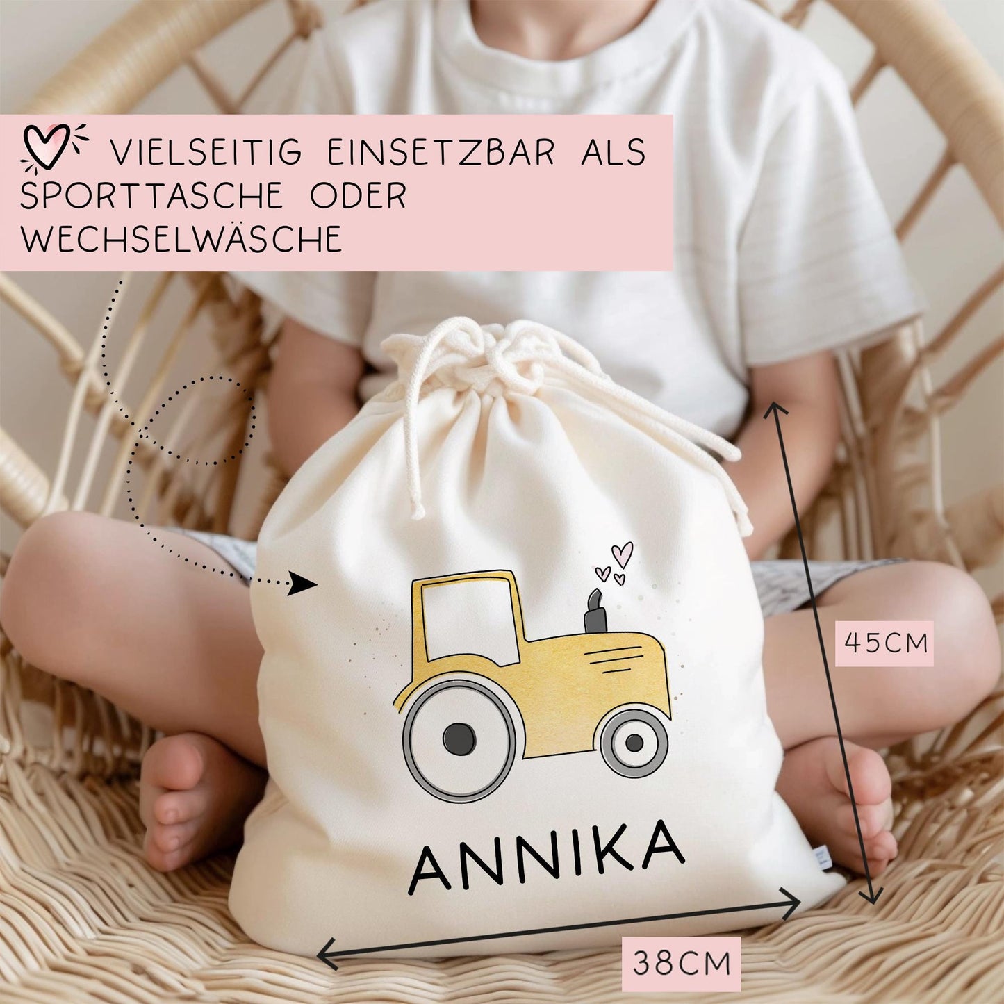 Baumwolltasche Traktor Gelb Stofftasche Name - Kinder Beutel Jutetasche Kindertasche & Wunschname - Wechselwäsche - Tragetasche Jutebeutel kleinebuchstaben