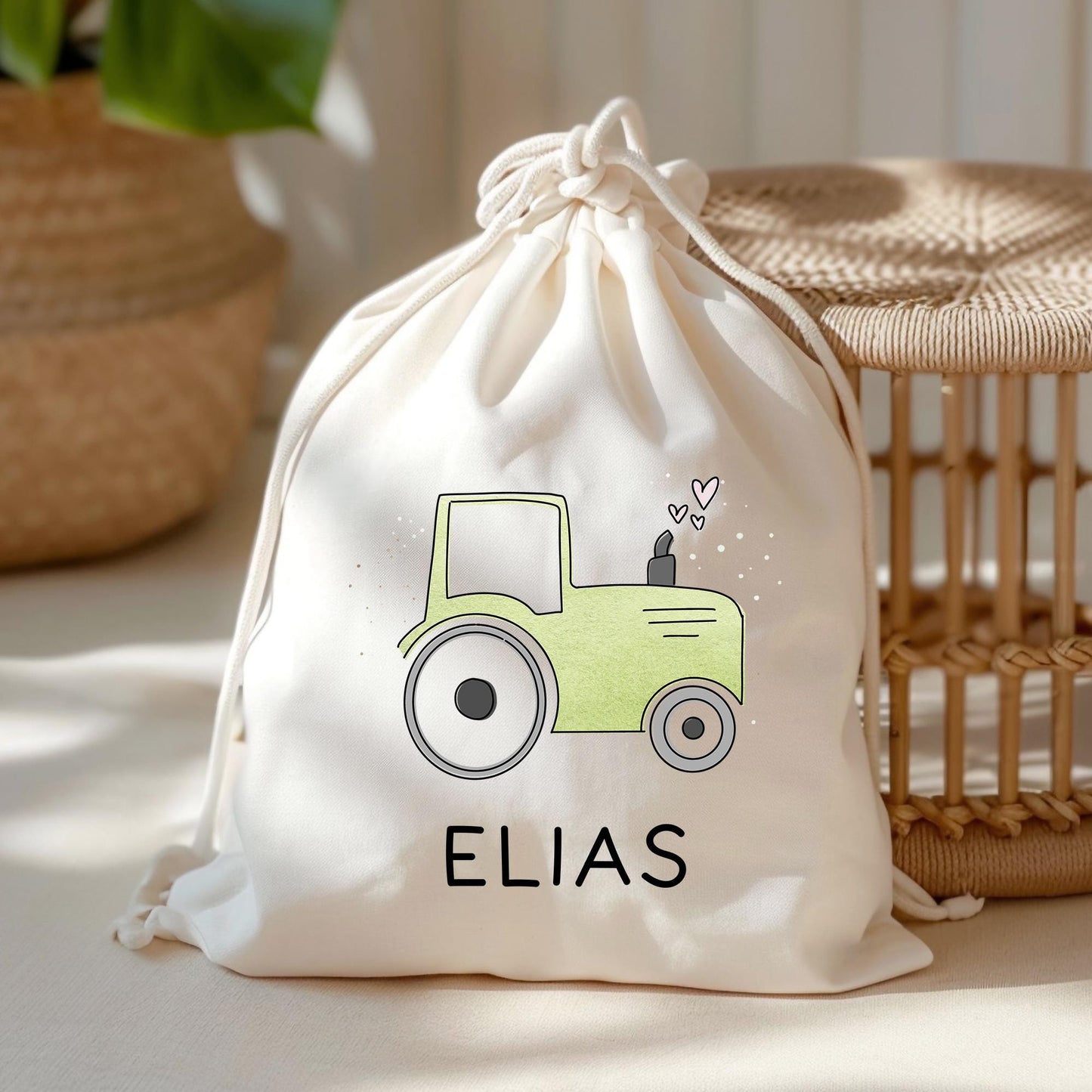 Traktor Grün Baumwolltasche Stofftasche Name - Kinder Beutel Jutetasche Kindertasche & Wunschname - Wechselwäsche - Tragetasche - Jutebeutel kleinebuchstaben Turnbeutel Schriftart 1
