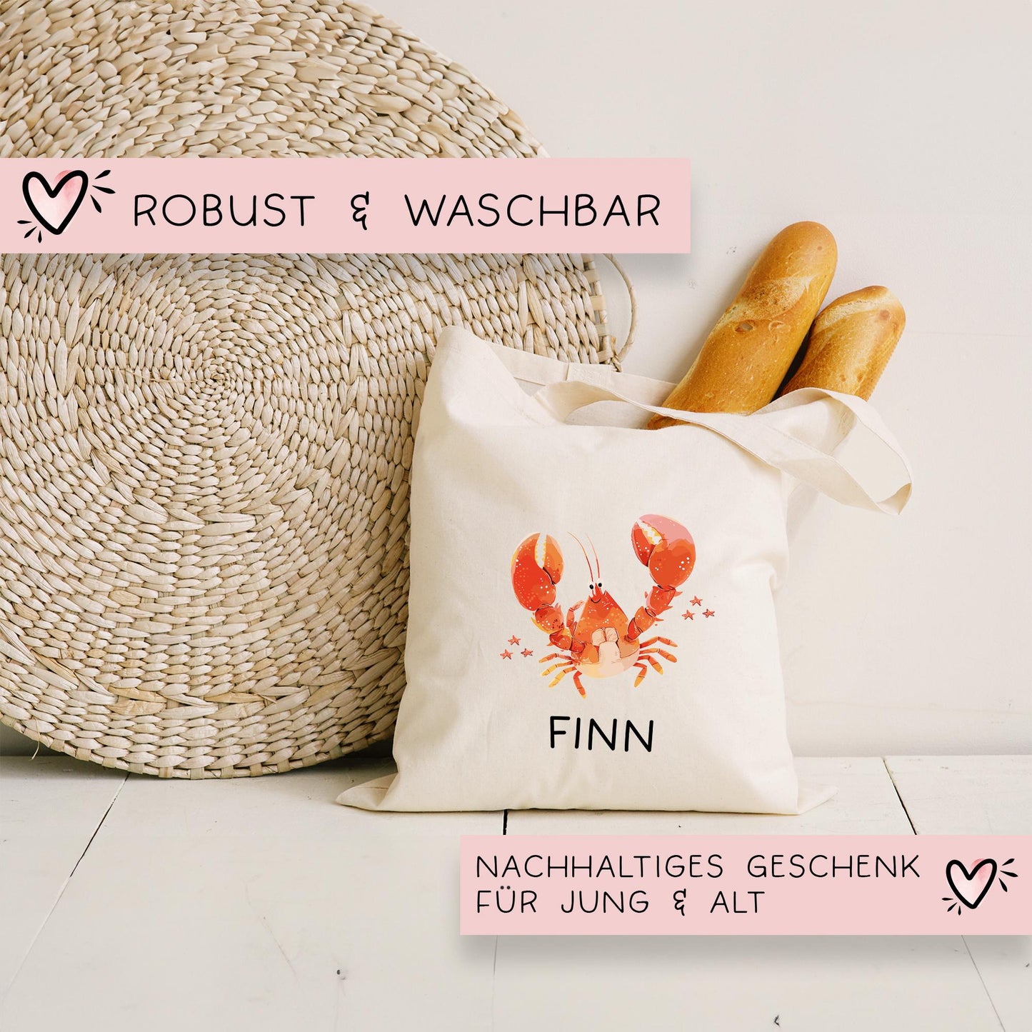 Stofftasche Krabbe mit Namen Baumwolltasche Tasche - Personalisiert Beutel Kindertasche mit Wunschname - Wechselwäsche - Jutebeutel - KIGA kleinebuchstaben