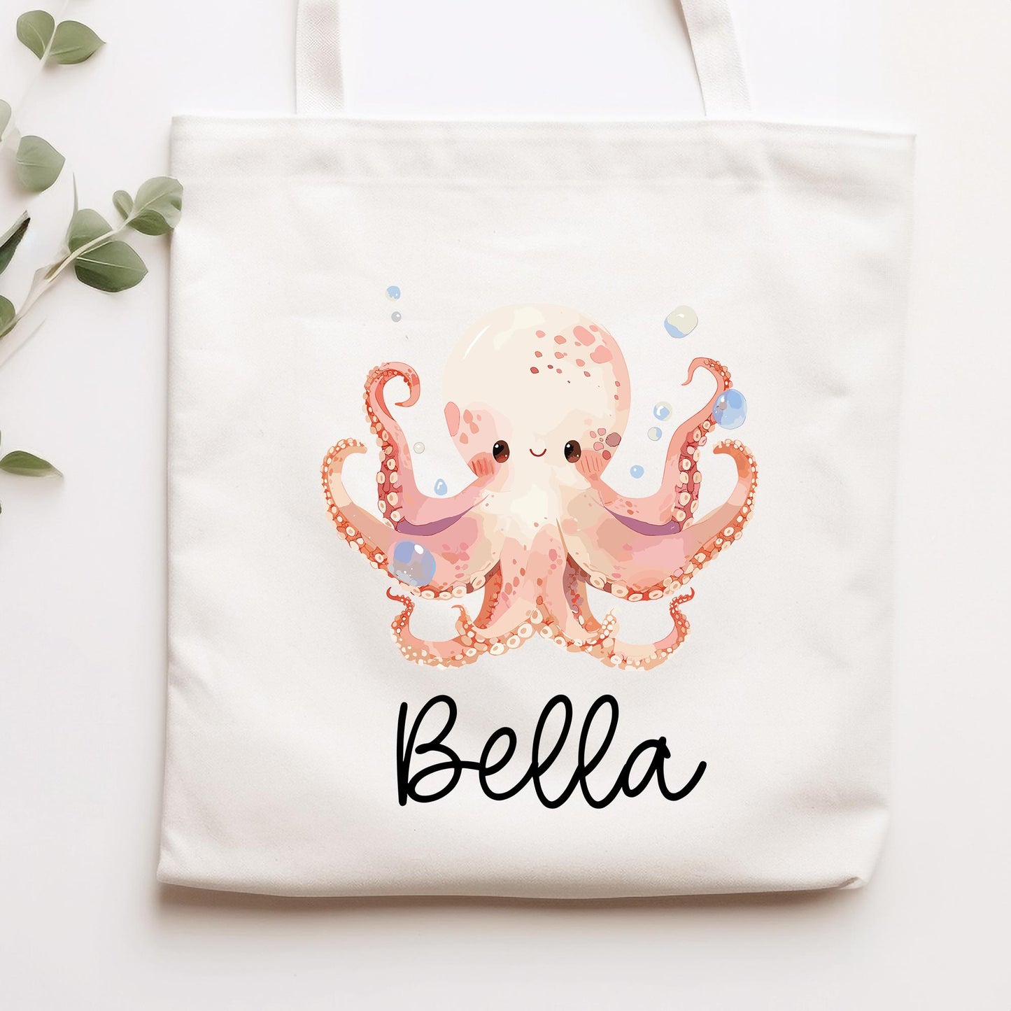Stofftasche Krake mit Namen Baumwolltasche Tasche - Personalisiert Beutel Kindertasche mit Wunschname - Wechselwäsche - Jutebeutel - KIGA kleinebuchstaben Stofftasche Schriftart 1