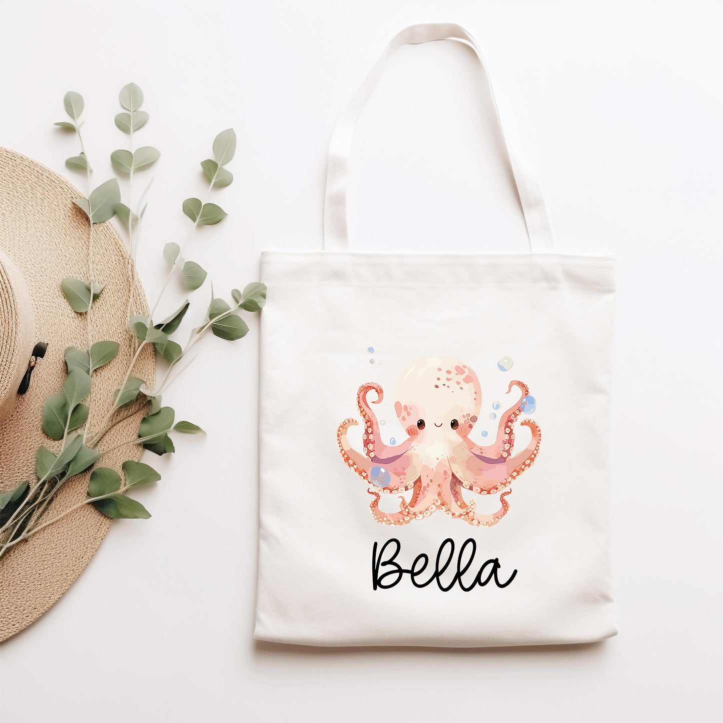 Stofftasche Krake mit Namen Baumwolltasche Tasche - Personalisiert Beutel Kindertasche mit Wunschname - Wechselwäsche - Jutebeutel - KIGA kleinebuchstaben