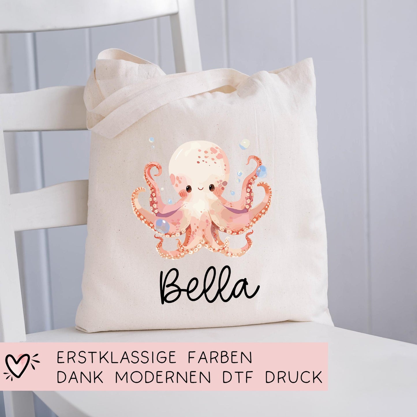 Stofftasche Krake mit Namen Baumwolltasche Tasche - Personalisiert Beutel Kindertasche mit Wunschname - Wechselwäsche - Jutebeutel - KIGA kleinebuchstaben