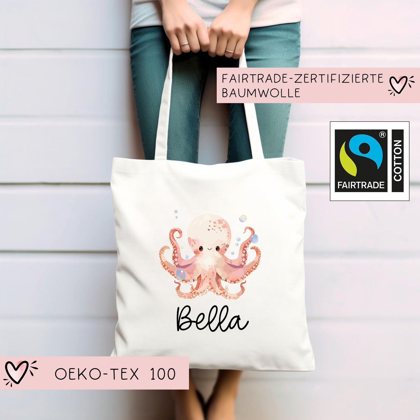 Stofftasche Krake mit Namen Baumwolltasche Tasche - Personalisiert Beutel Kindertasche mit Wunschname - Wechselwäsche - Jutebeutel - KIGA kleinebuchstaben