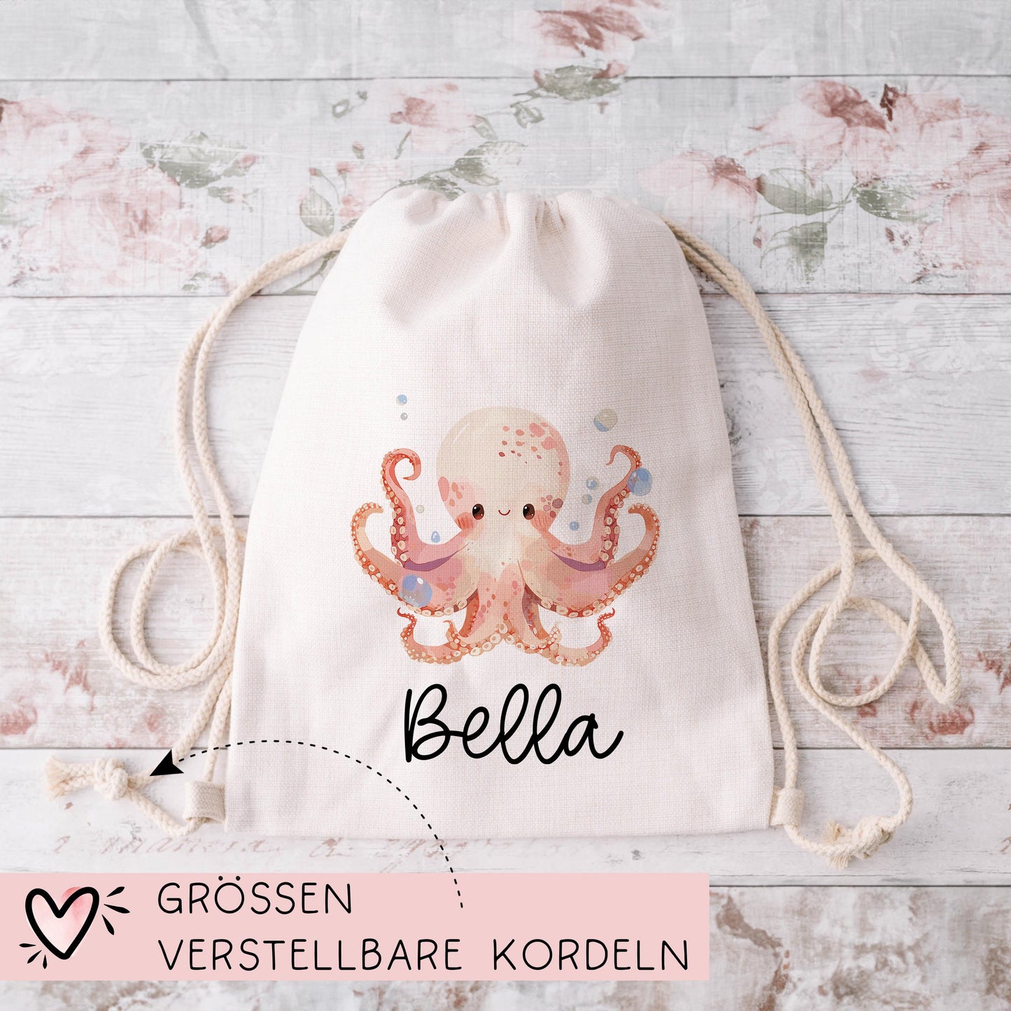 Stofftasche Krake mit Namen Baumwolltasche Tasche - Personalisiert Beutel Kindertasche mit Wunschname - Wechselwäsche - Jutebeutel - KIGA kleinebuchstaben