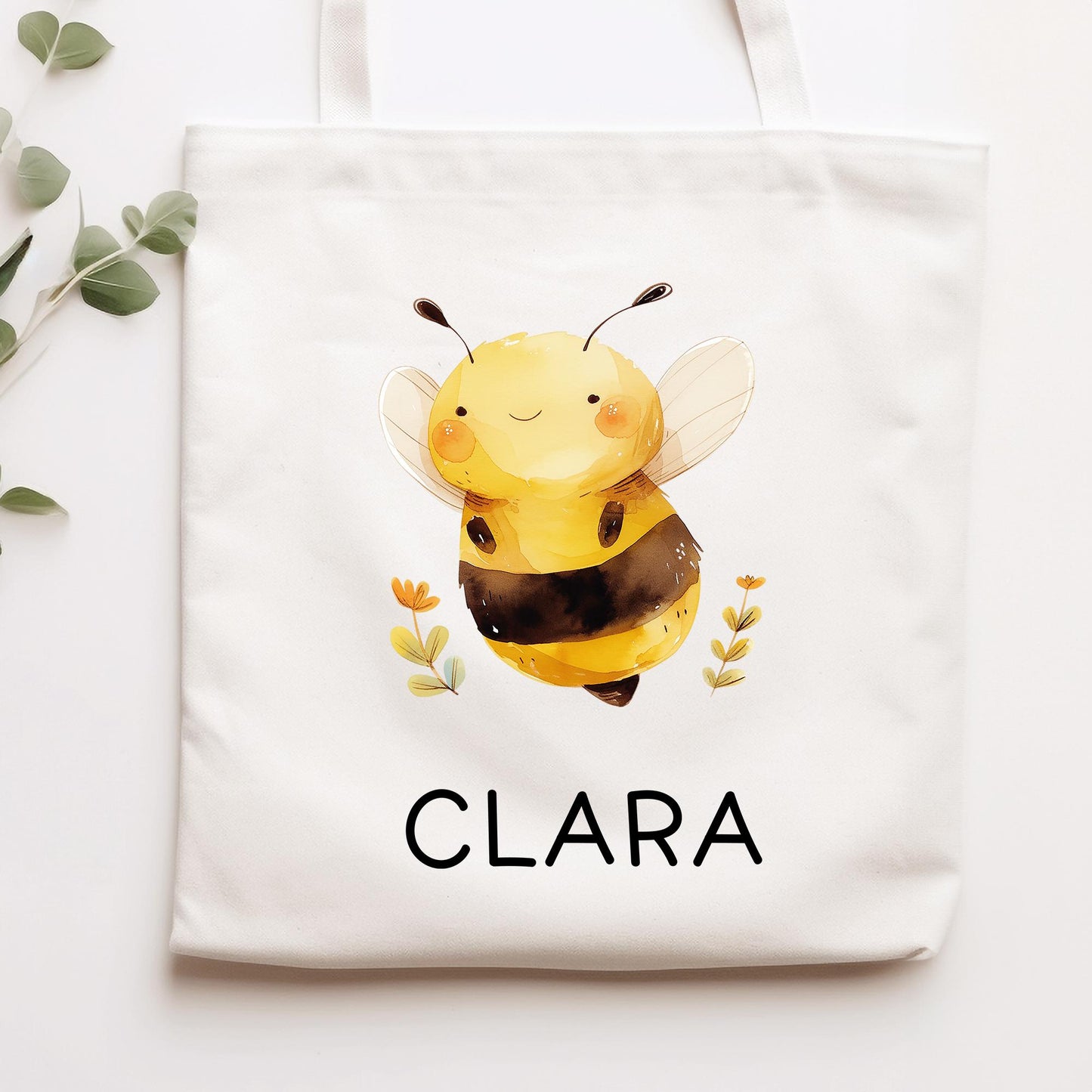 Stofftasche Biene mit Namen Baumwolltasche Tasche - Personalisiert Beutel Kindertasche mit Wunschname - Wechselwäsche - Jutebeutel - KIGA kleinebuchstaben
