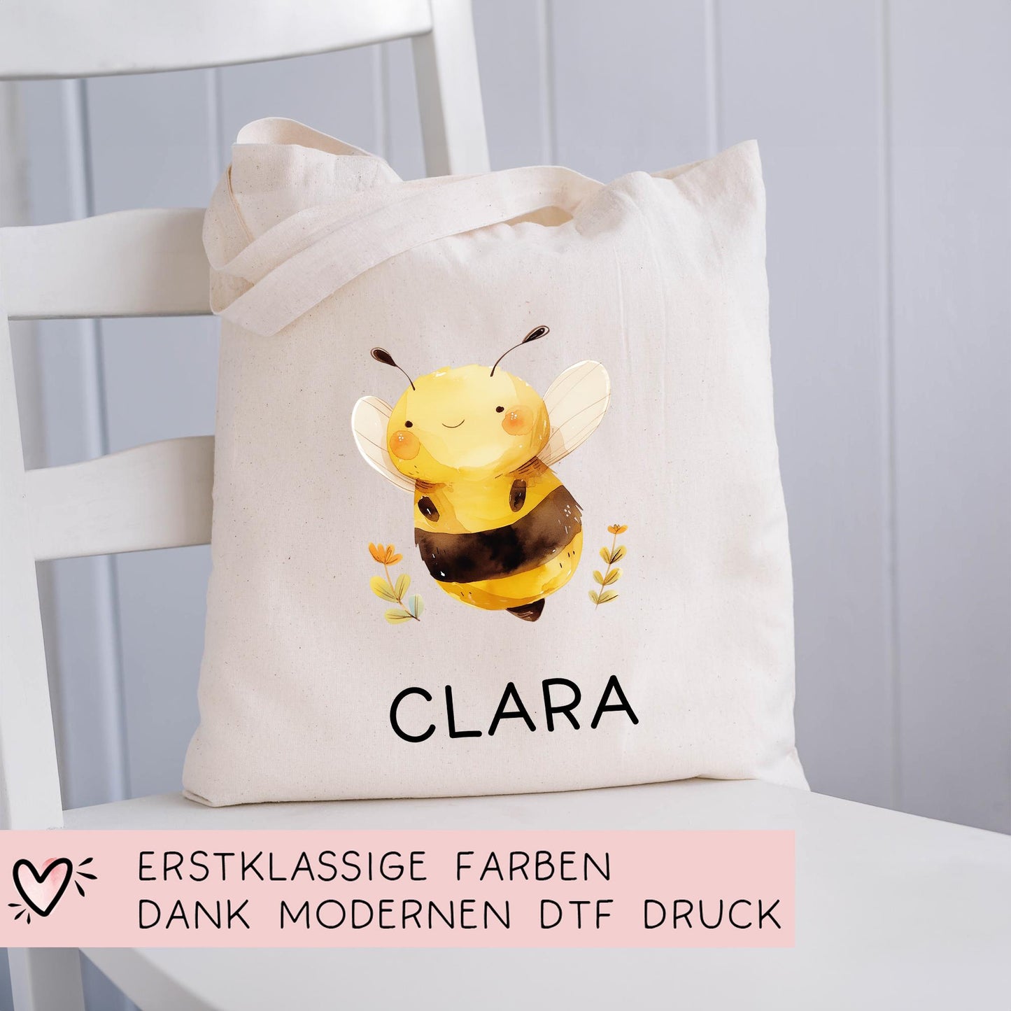 Stofftasche Biene mit Namen Baumwolltasche Tasche - Personalisiert Beutel Kindertasche mit Wunschname - Wechselwäsche - Jutebeutel - KIGA kleinebuchstaben