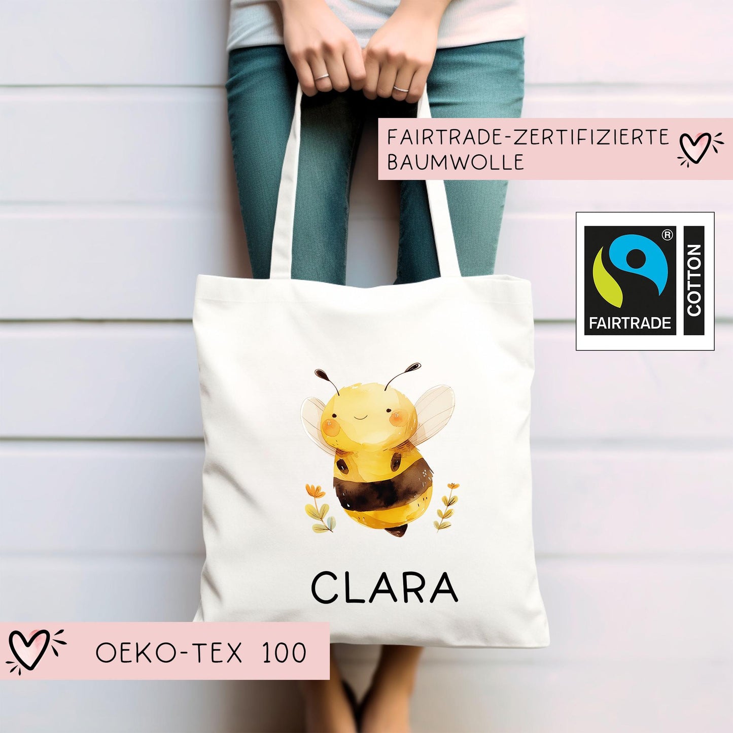 Stofftasche Biene mit Namen Baumwolltasche Tasche - Personalisiert Beutel Kindertasche mit Wunschname - Wechselwäsche - Jutebeutel - KIGA kleinebuchstaben