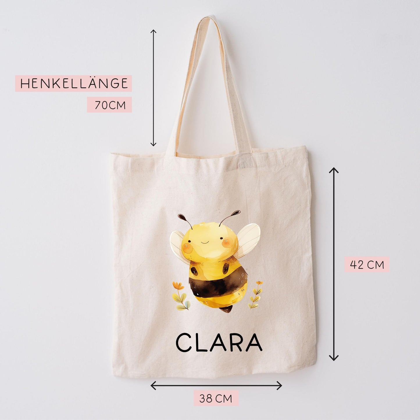 Stofftasche Biene mit Namen Baumwolltasche Tasche - Personalisiert Beutel Kindertasche mit Wunschname - Wechselwäsche - Jutebeutel - KIGA kleinebuchstaben