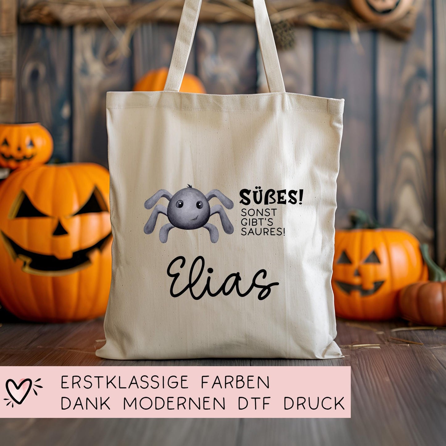 Halloween Stofftasche Personalisiert - Spinne - Jutebeutel - Jutetasche - Tragetasche für Kinder für Süßigkeiten - mit Name - Tasche Beutel kleinebuchstaben