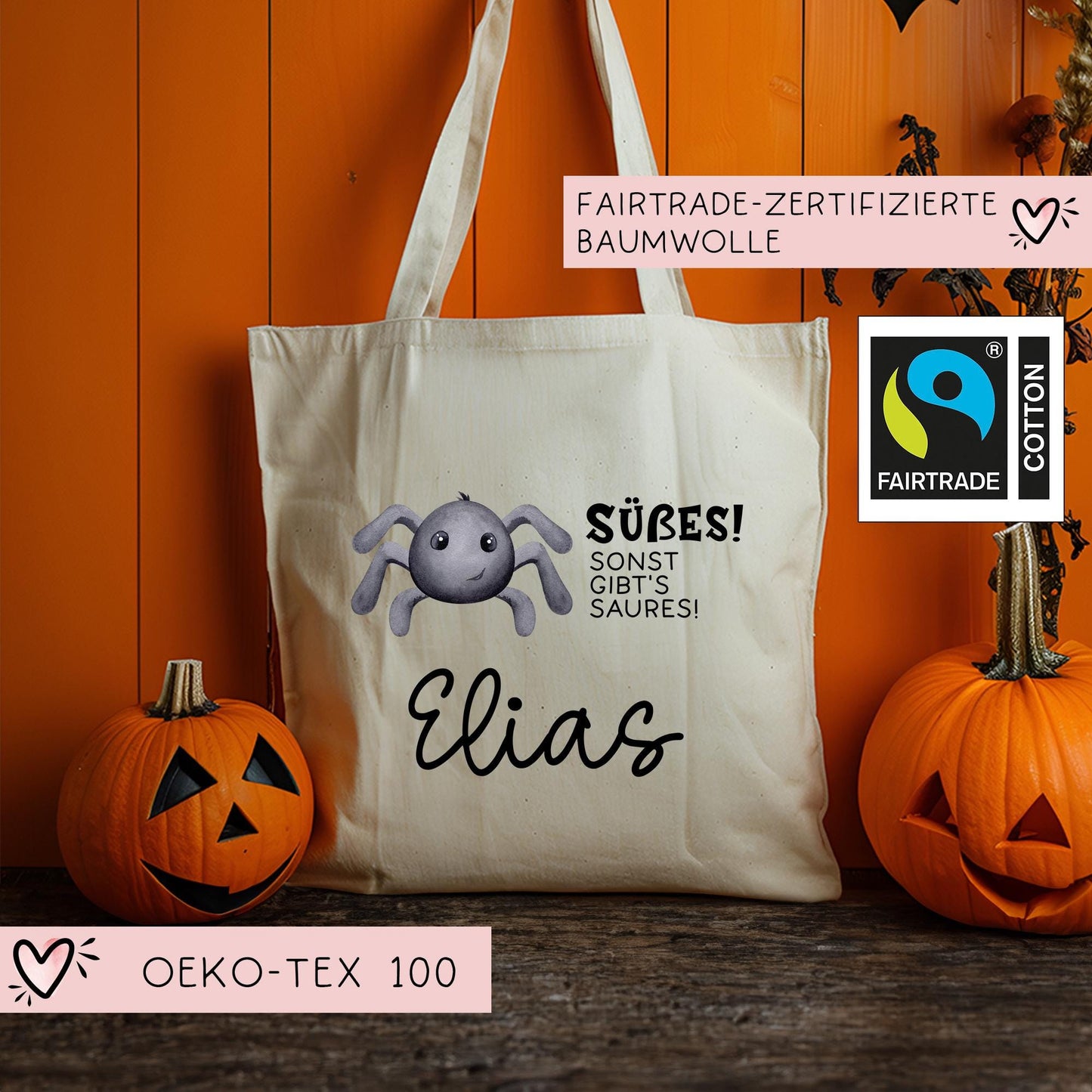 Halloween Stofftasche Personalisiert - Spinne - Jutebeutel - Jutetasche - Tragetasche für Kinder für Süßigkeiten - mit Name - Tasche Beutel kleinebuchstaben