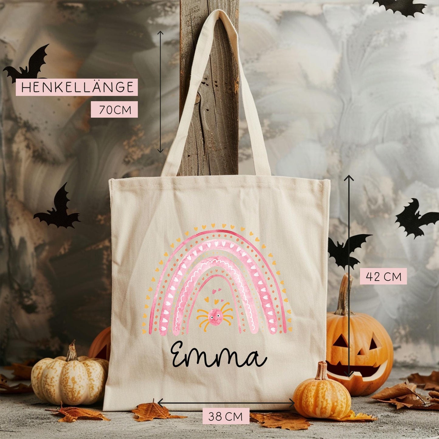 Regenbogen Rosa Halloween Stofftasche - Personalisiert - Jutebeutel - Jutetasche - Tragetasche für Kinder für Süßigkeiten - Tasche Beutel kleinebuchstaben
