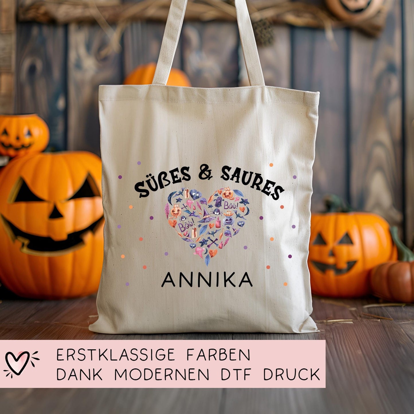 Halloween Stofftasche Personalisiert - Süßes oder Saures - Jutebeutel - Jutetasche - Tragetasche für Kinder für Süßigkeiten - Tasche Beutel kleinebuchstaben