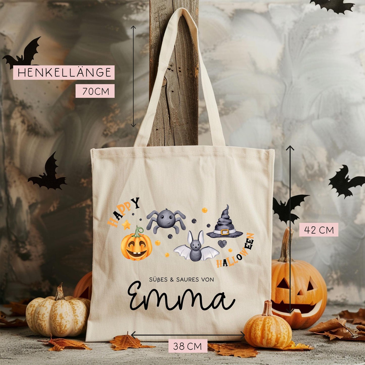 Halloween Stofftasche Personalisiert - Süßes oder Saures - Jutebeutel - Jutetasche - Tragetasche für Kinder für Süßigkeiten - Tasche Beutel kleinebuchstaben