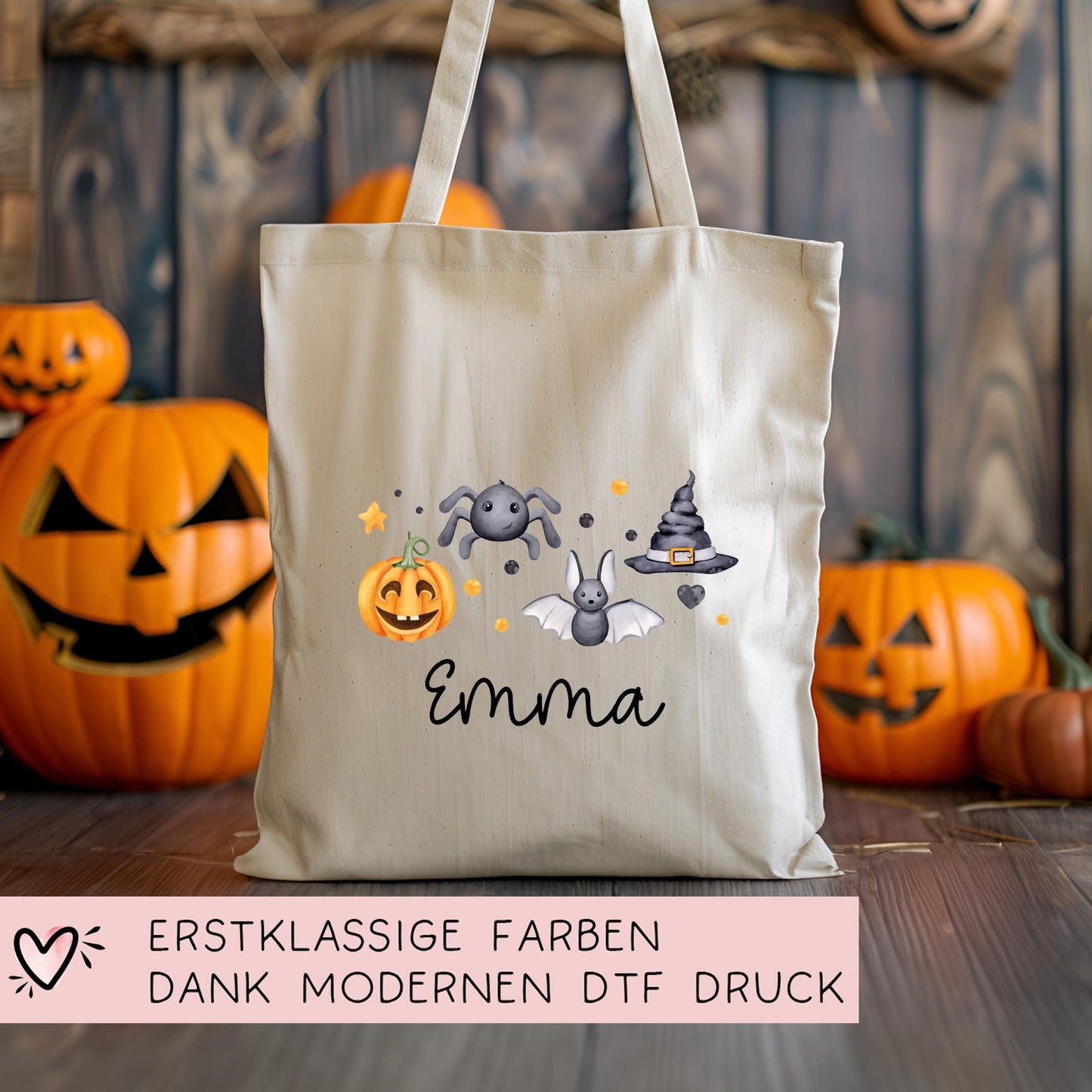 Halloween Jutebeutel Personalisiert - Kürbis Hut Spinne - Stofftasche - Jutetasche - Tragetasche für Kinder für Süßigkeiten - Tasche Beutel kleinebuchstaben
