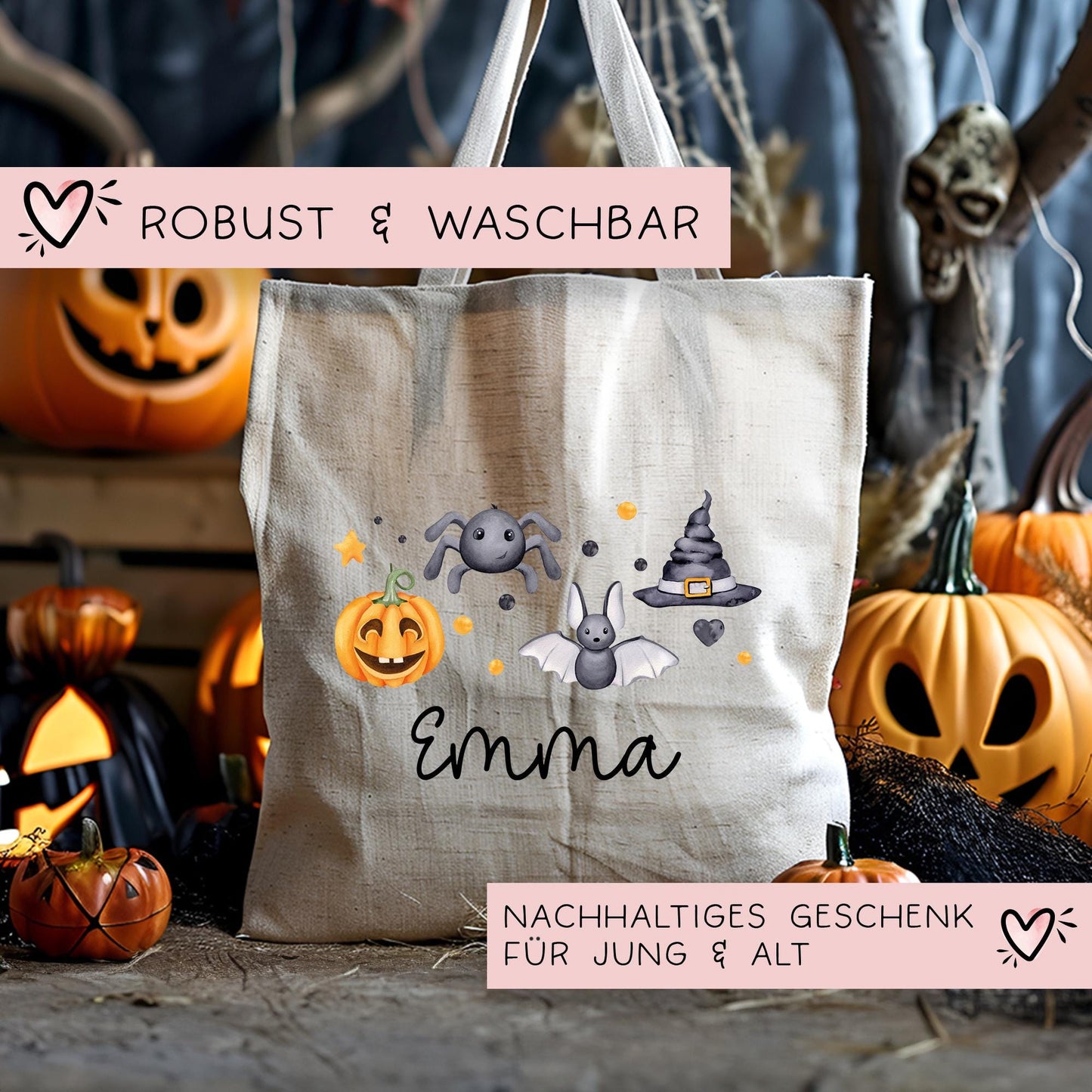 Halloween Jutebeutel Personalisiert - Kürbis Hut Spinne - Stofftasche - Jutetasche - Tragetasche für Kinder für Süßigkeiten - Tasche Beutel kleinebuchstaben