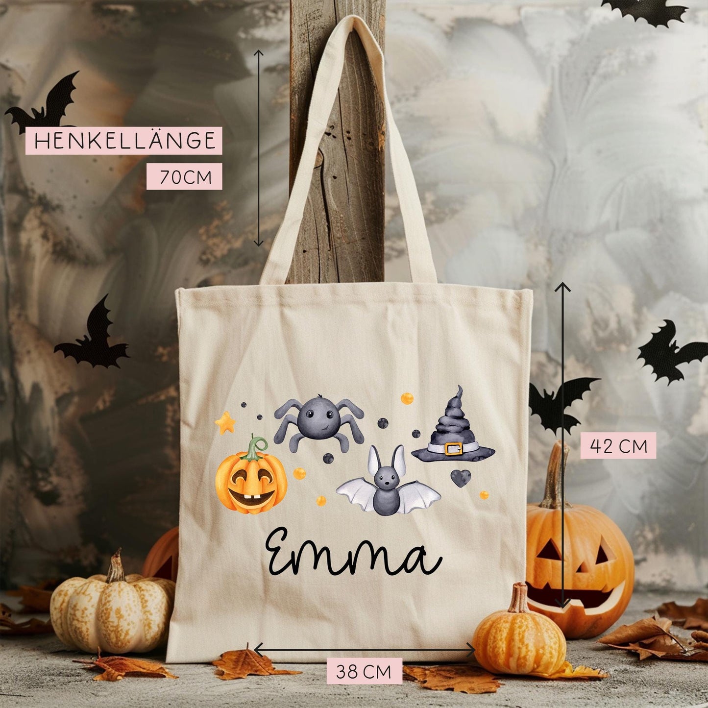 Halloween Jutebeutel Personalisiert - Kürbis Hut Spinne - Stofftasche - Jutetasche - Tragetasche für Kinder für Süßigkeiten - Tasche Beutel kleinebuchstaben