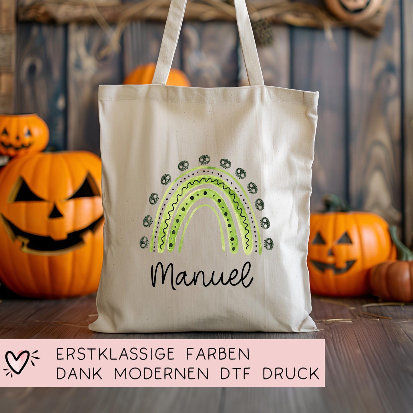 Halloween Jutetasche Personalisiert - Regenbogen Grün Totenköpfe - Stofftasche - Jutebeutel - Tragetasche für Kinder für Süßigkeiten -Junge kleinebuchstaben