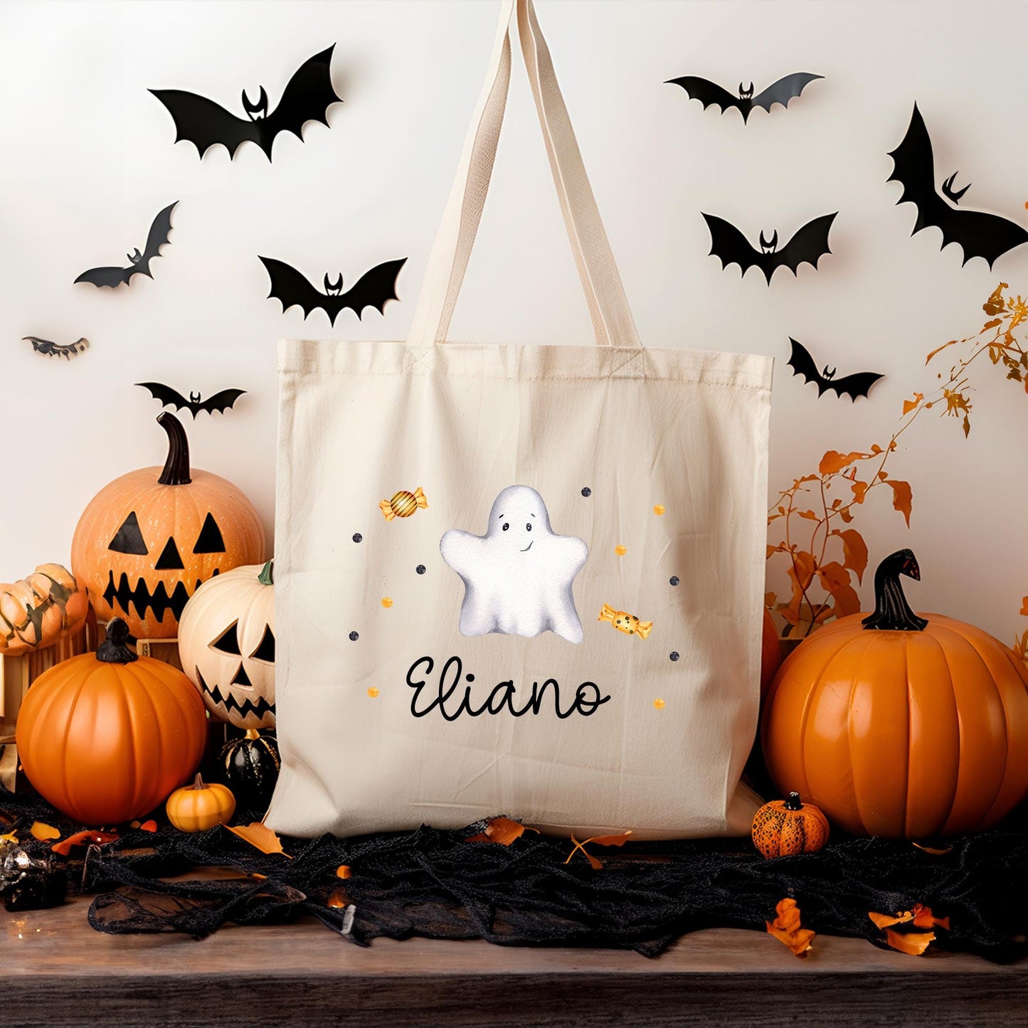 Halloween Jutetasche Personalisiert - Geist - Stofftasche - Jutebeutel - Tragetasche für Kinder für Süßigkeiten - Mädchen und Junge - Tasche kleinebuchstaben