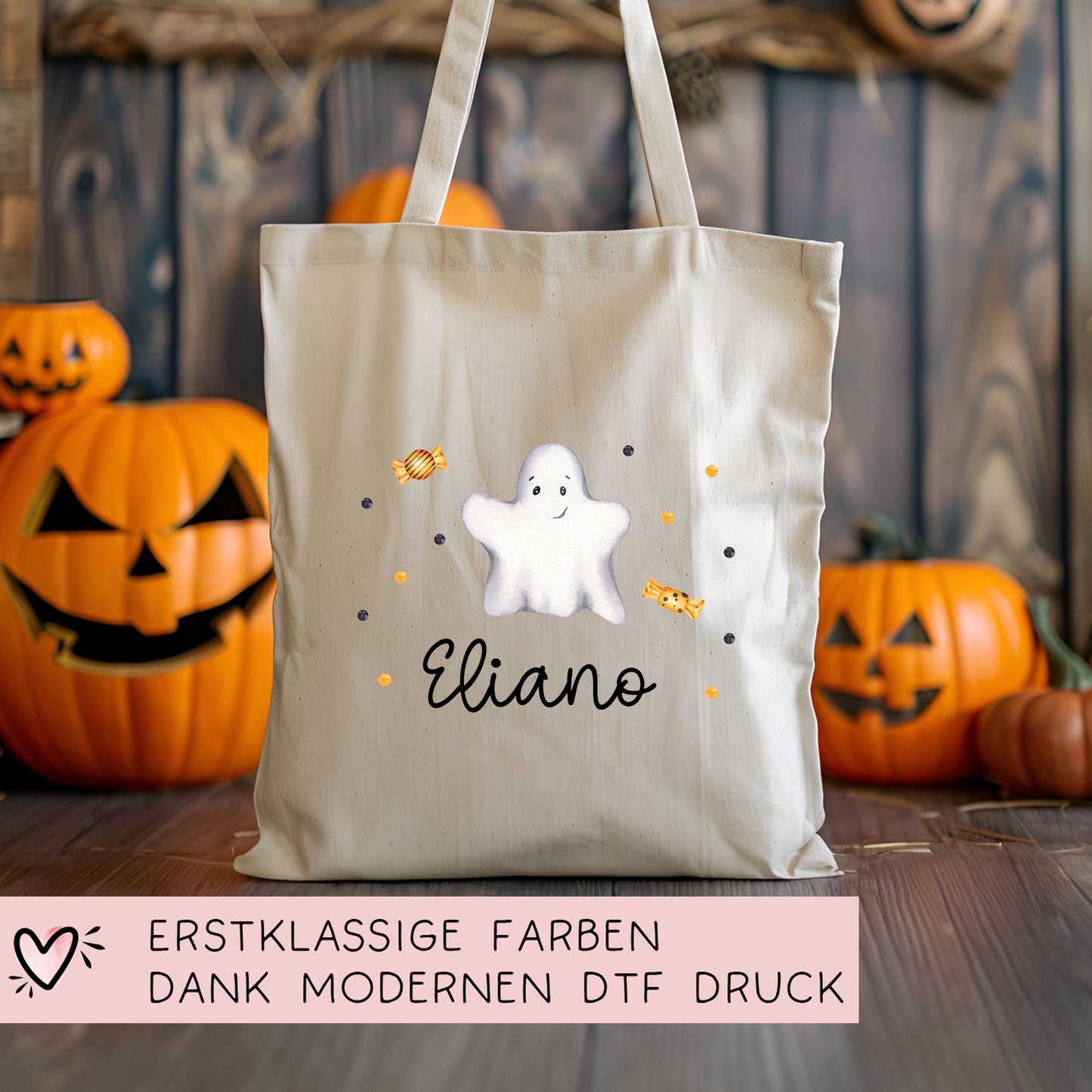 Halloween Jutetasche Personalisiert - Geist - Stofftasche - Jutebeutel - Tragetasche für Kinder für Süßigkeiten - Mädchen und Junge - Tasche kleinebuchstaben