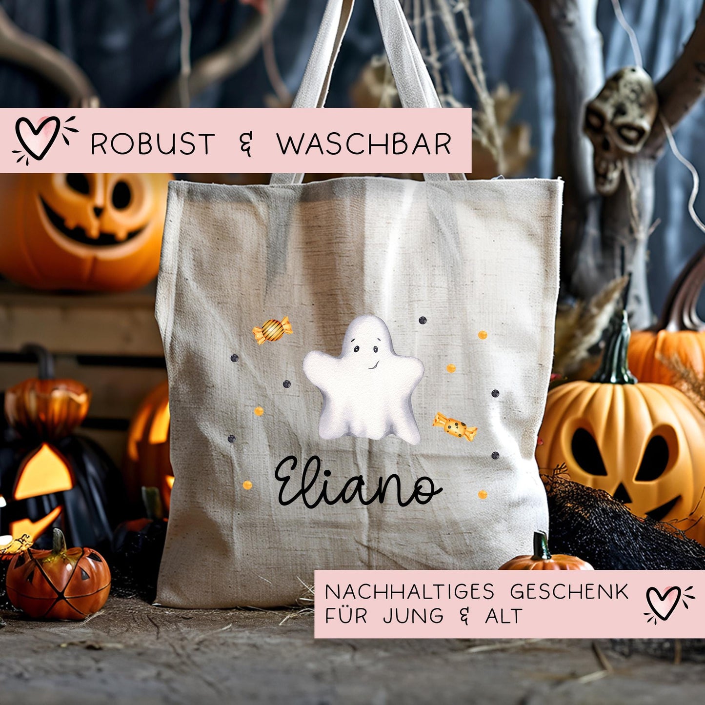 Halloween Jutetasche Personalisiert - Geist - Stofftasche - Jutebeutel - Tragetasche für Kinder für Süßigkeiten - Mädchen und Junge - Tasche kleinebuchstaben