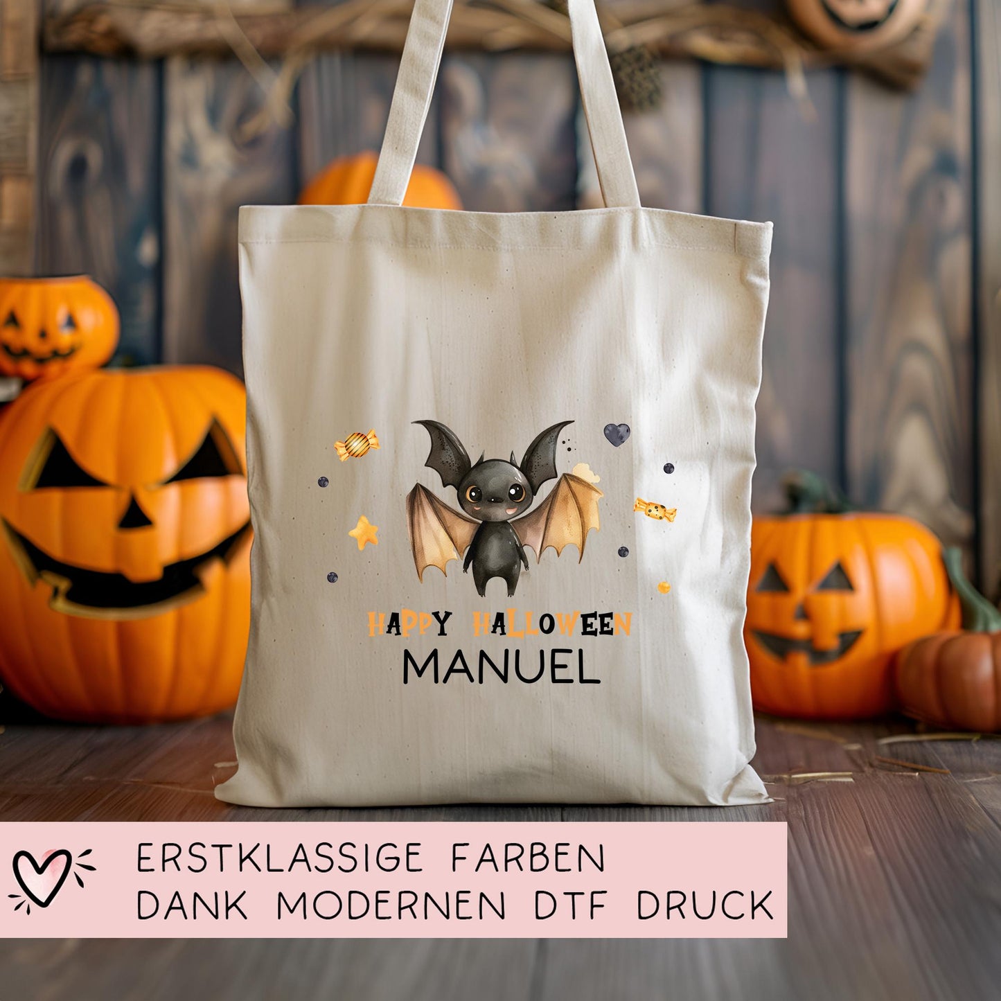Halloween Jutetasche Personalisiert - Fledermaus - Süßigkeitentasche - Stofftasche - Jutebeutel - Tragetasche für Kinder für Süßigkeiten kleinebuchstaben