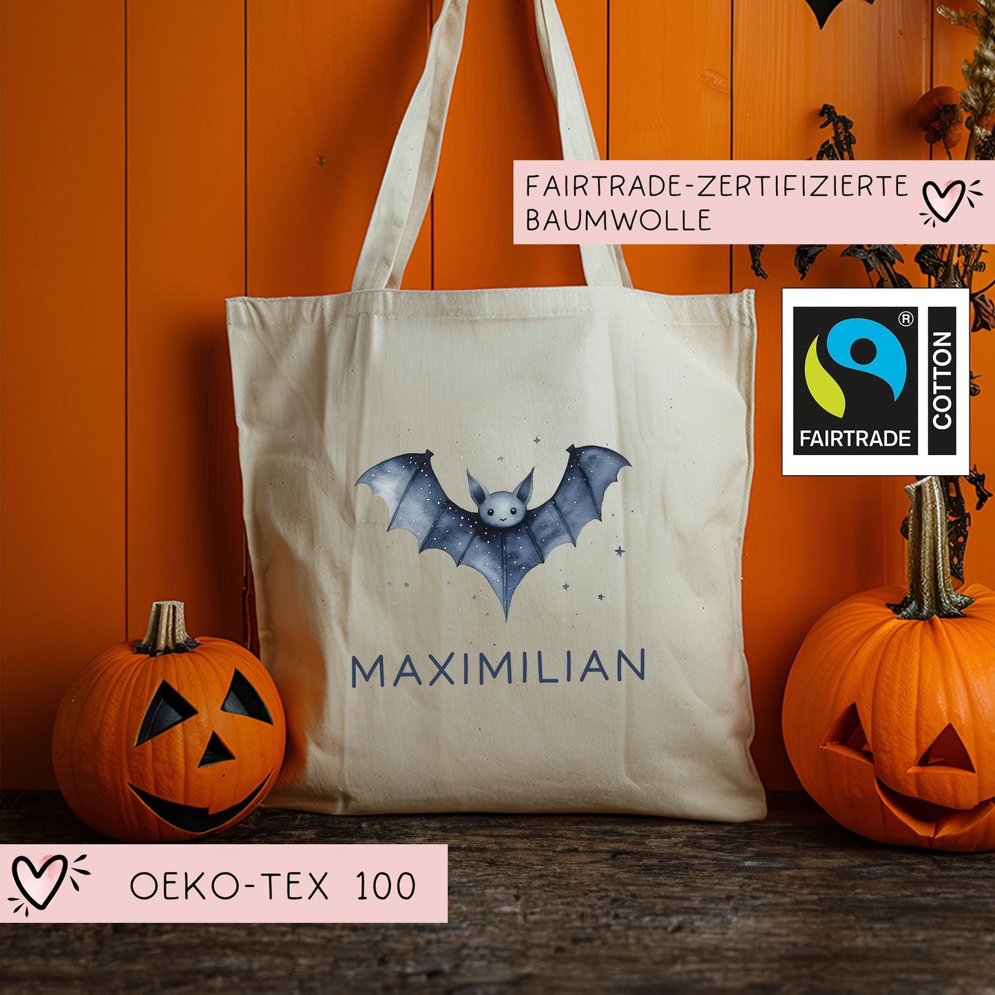 Fledermaus Halloween Stofftasche Personalisiert - Süßigkeitentasche - Jutetasche - Jutebeutel - Tragetasche Kinder für Süßigkeiten Beutel kleinebuchstaben
