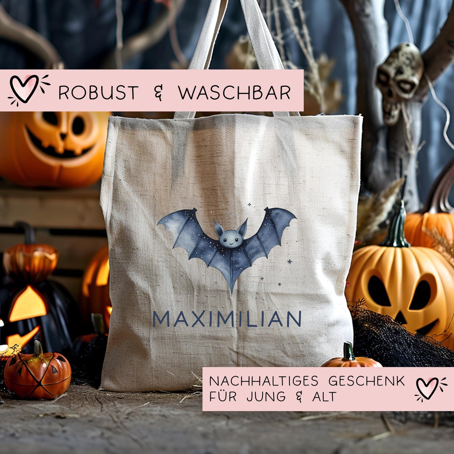 Fledermaus Halloween Stofftasche Personalisiert - Süßigkeitentasche - Jutetasche - Jutebeutel - Tragetasche Kinder für Süßigkeiten Beutel kleinebuchstaben
