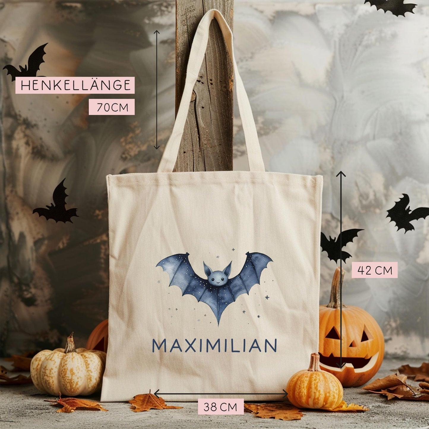 Fledermaus Halloween Stofftasche Personalisiert - Süßigkeitentasche - Jutetasche - Jutebeutel - Tragetasche Kinder für Süßigkeiten Beutel kleinebuchstaben