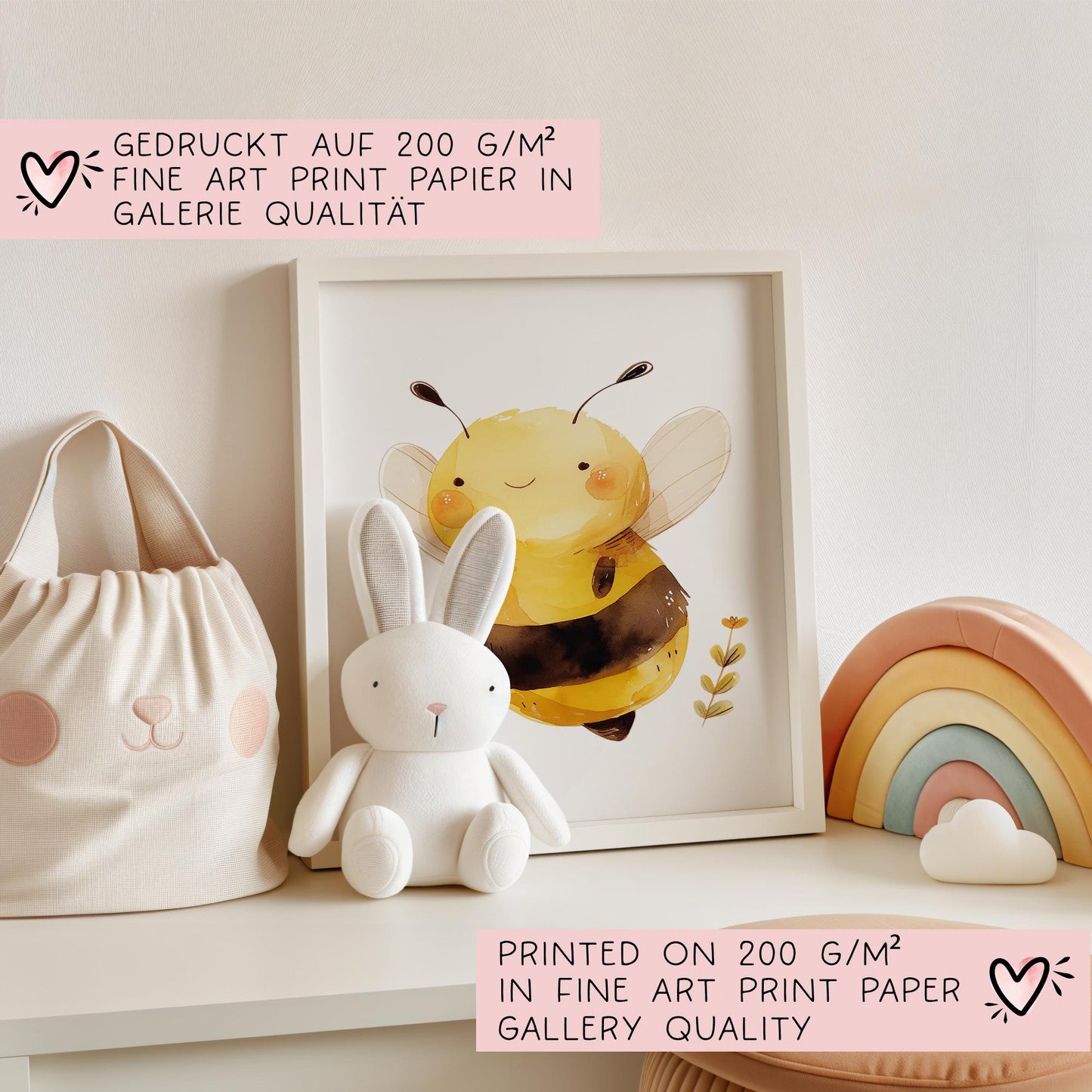 Biene DIN A4 Poster mit Namen - Personalisiert mit od. ohne Namen für Kinderzimmer -Namensposter - Geschenkidee. Geschenk - Wanddeko Mädchen kleinebuchstaben