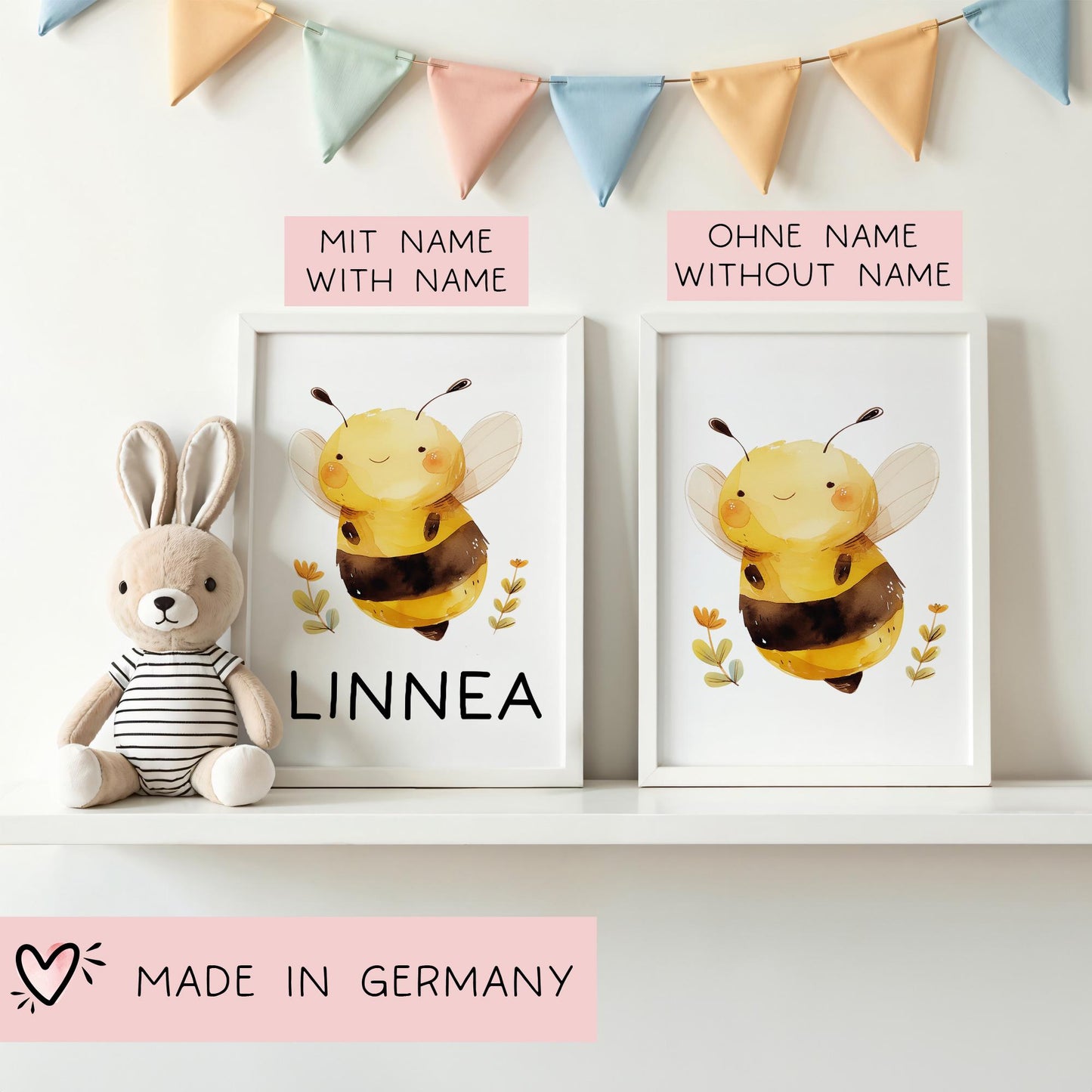 Biene DIN A4 Poster mit Namen - Personalisiert mit od. ohne Namen für Kinderzimmer -Namensposter - Geschenkidee. Geschenk - Wanddeko Mädchen kleinebuchstaben